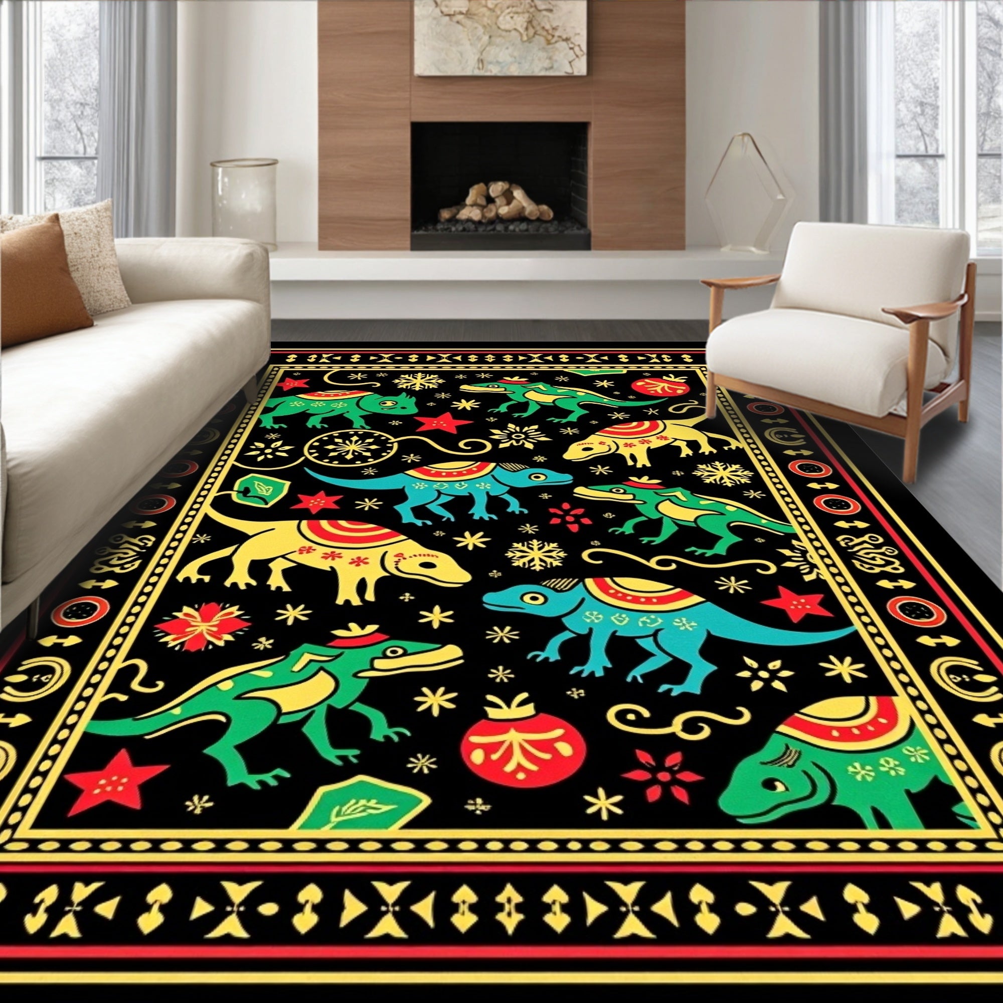 Charming Dinosaur Snowflake Christmas Rug