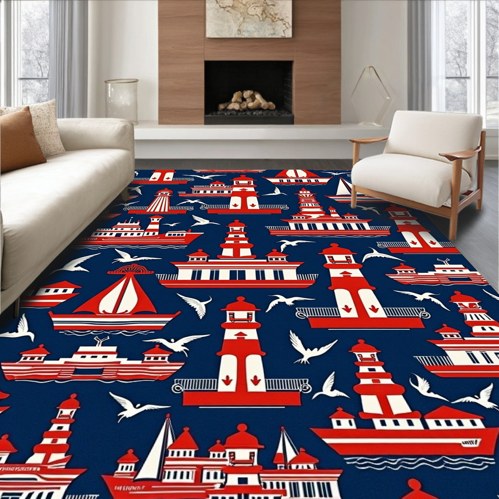 Nautical Red White Ships Seabirds Rug