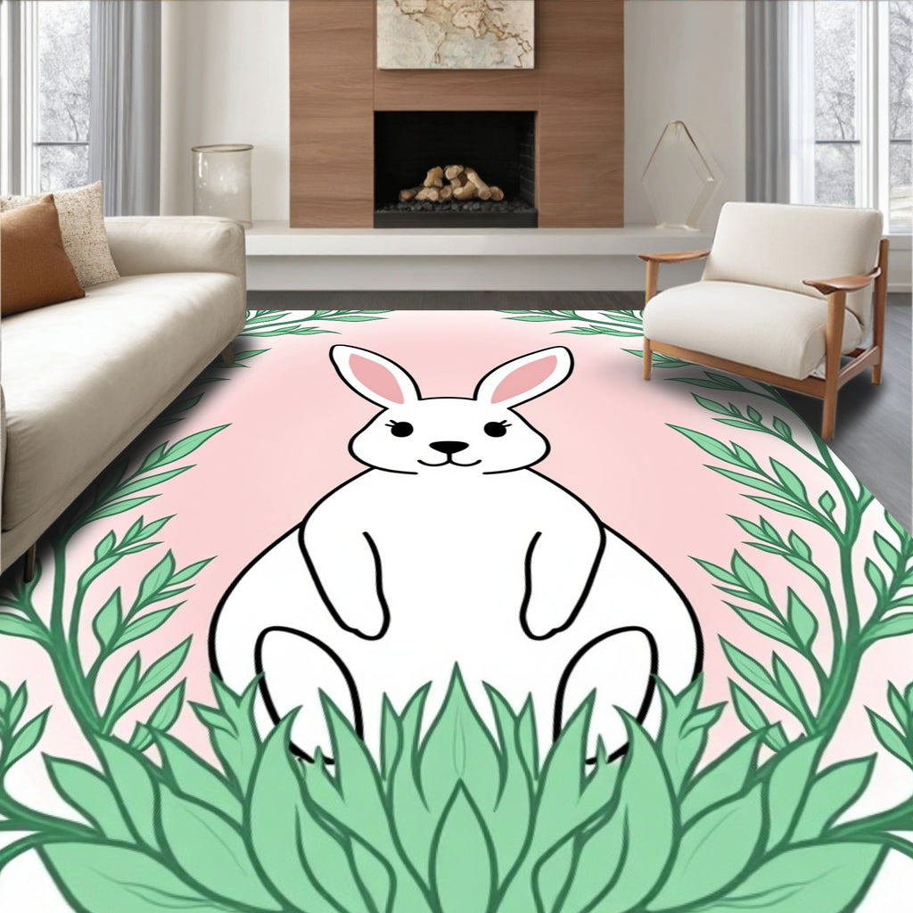 Cute White Bunny Surrounded by Greenery Rug