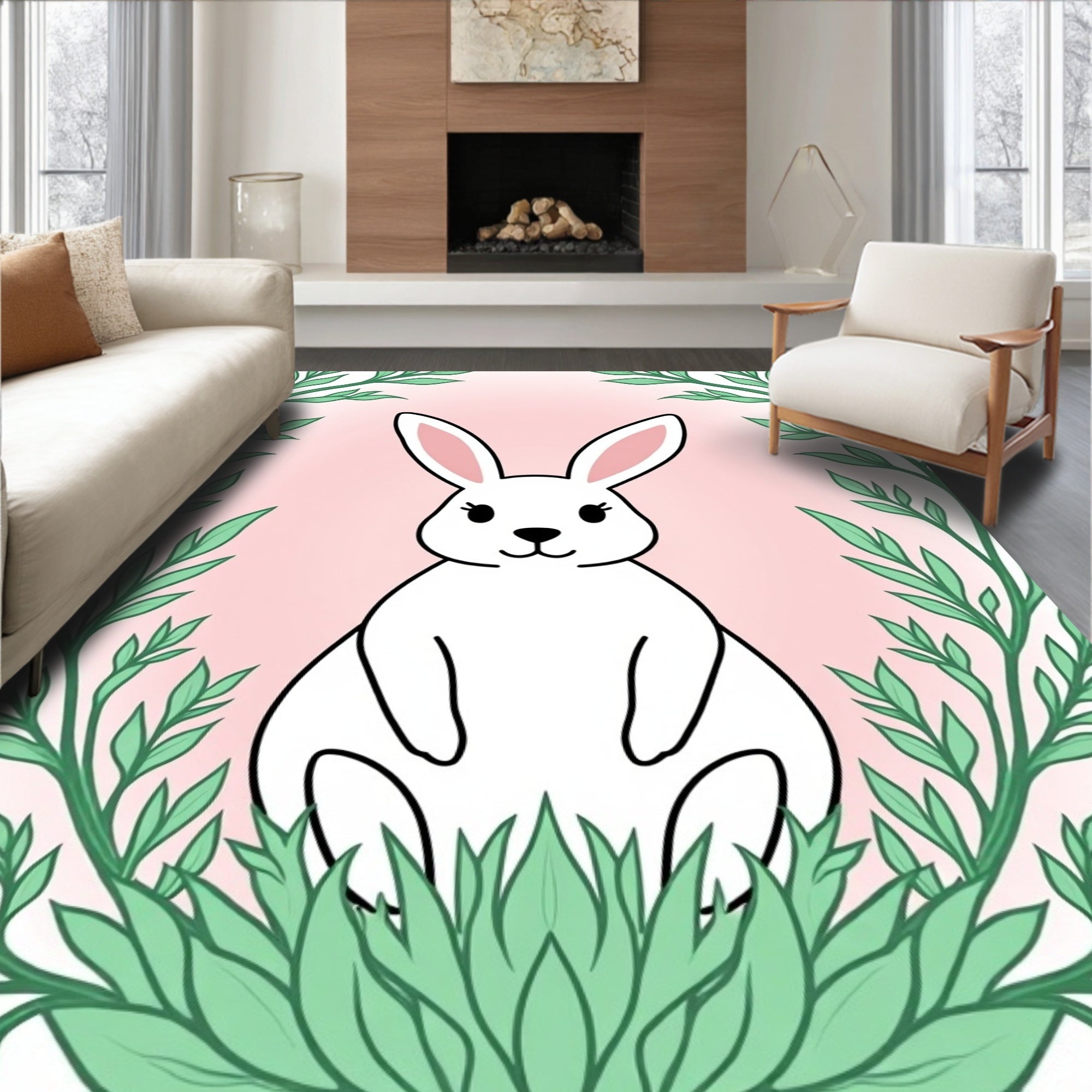 Cute White Bunny Surrounded by Greenery Rug