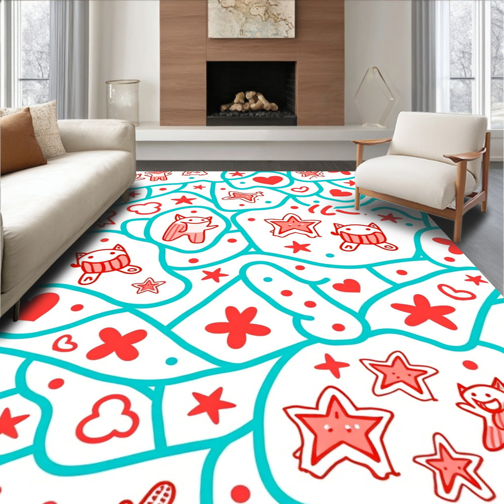 Playful Red Creature Hearts Stars Rug
