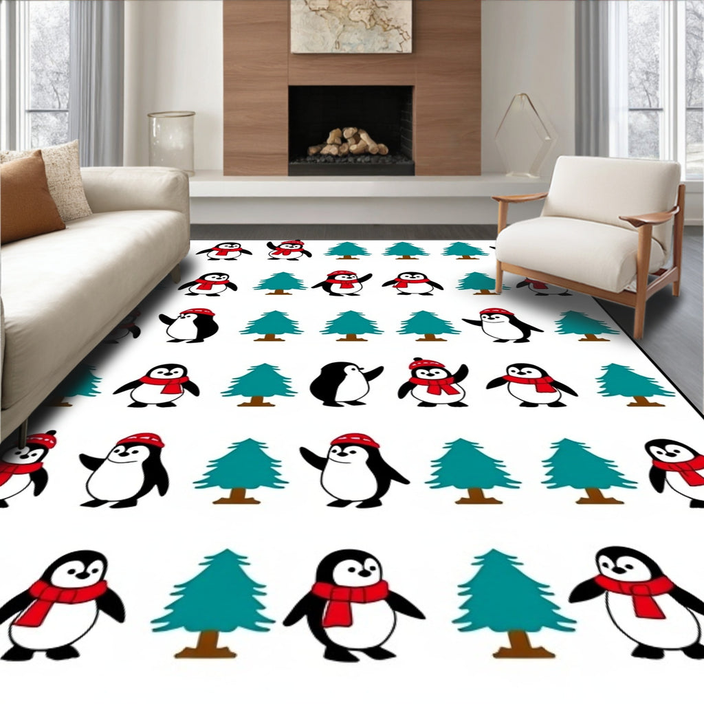 Penguin Friends Red Scarf Christmas Trees Rug