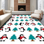 Penguin Friends Red Scarf Christmas Trees Rug