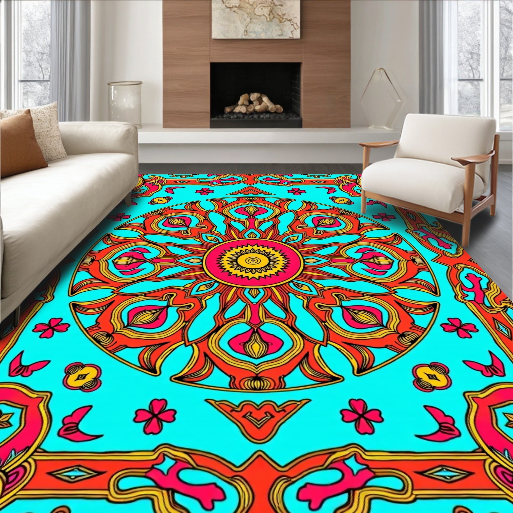 Vibrant Coral Sunburst Kaleidoscope Rug