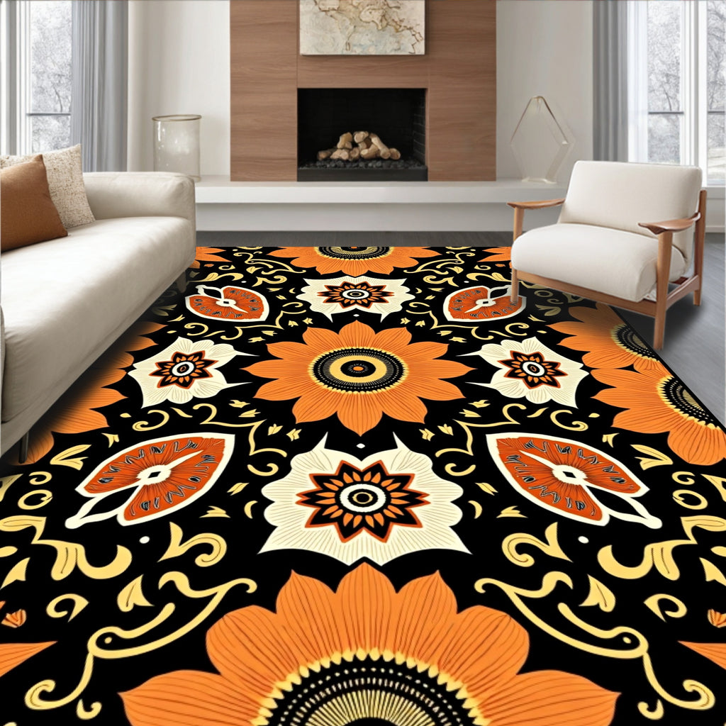 Bold Orange Floral Swirl Black Rug
