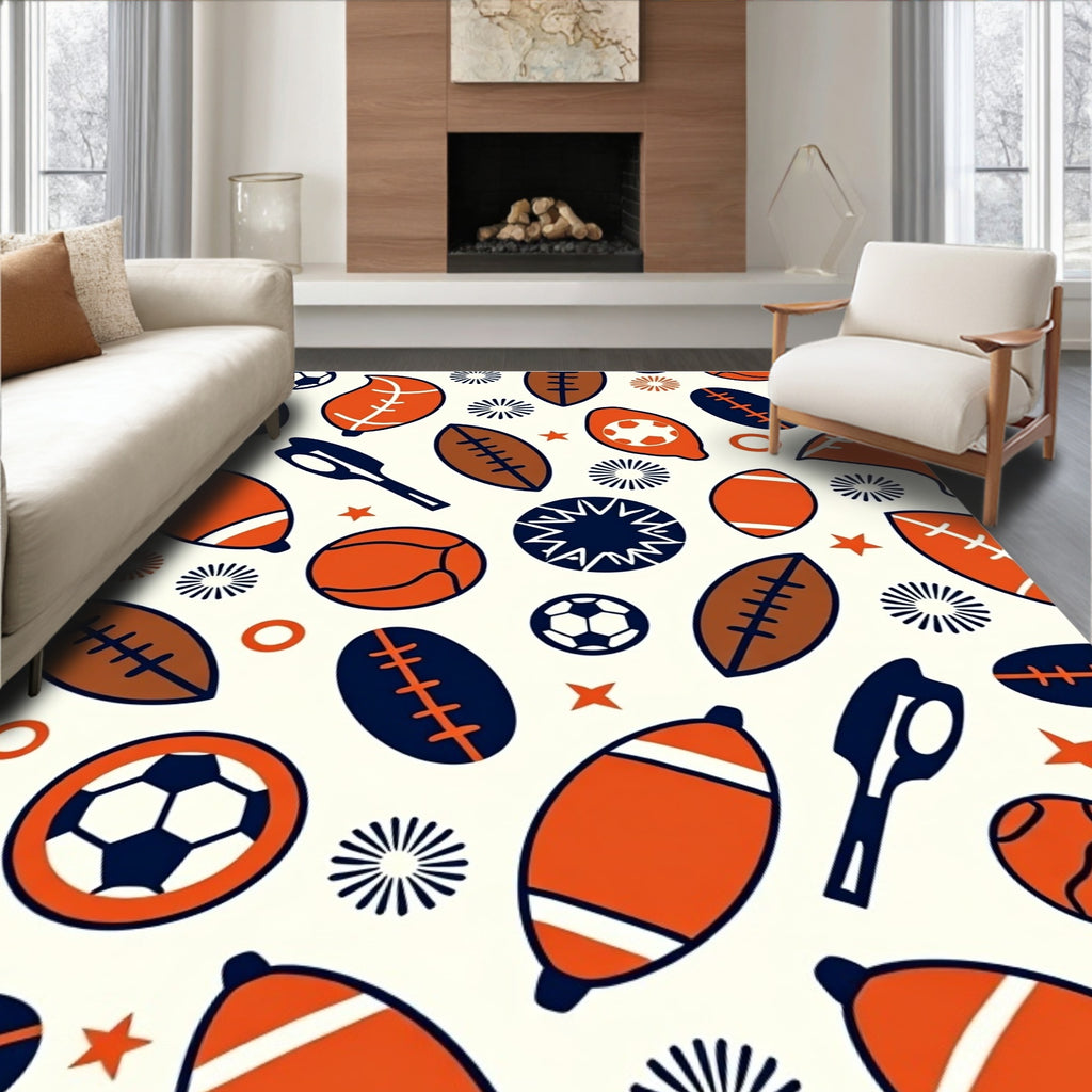 Orange Navy Sports Balls Collage Rug