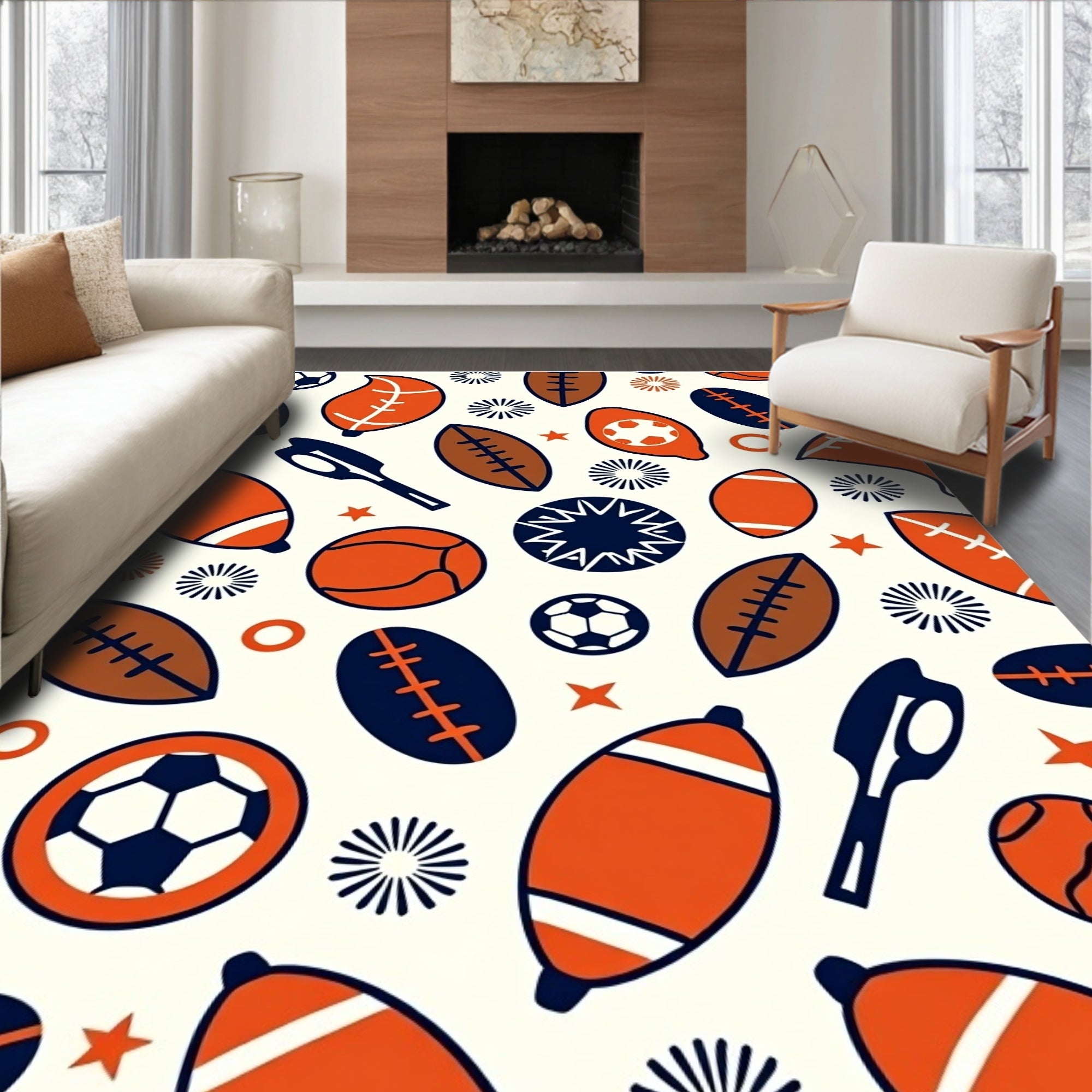 Orange Navy Sports Balls Collage Rug