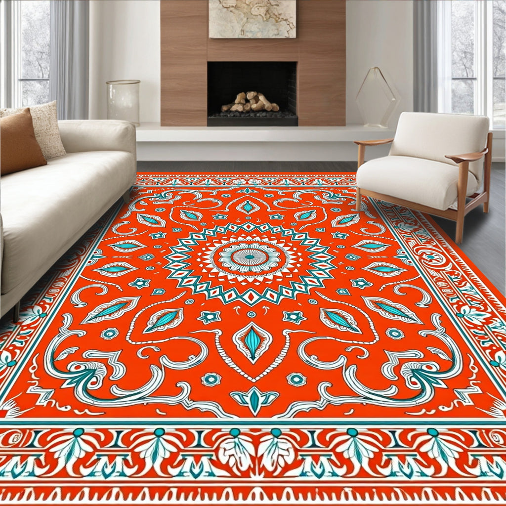 Orange Teal Floral Medallion Garden Rug