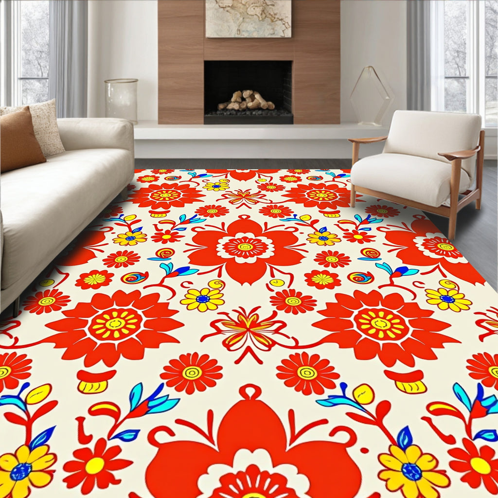 Vibrant Red Yellow Folk Floral Rug