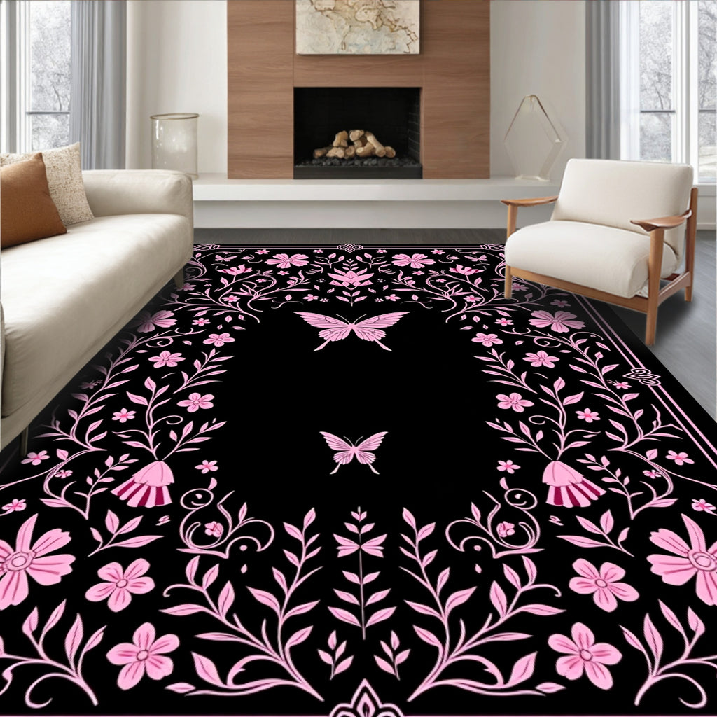 Whimsical Pink Butterfly Floral Border Rug