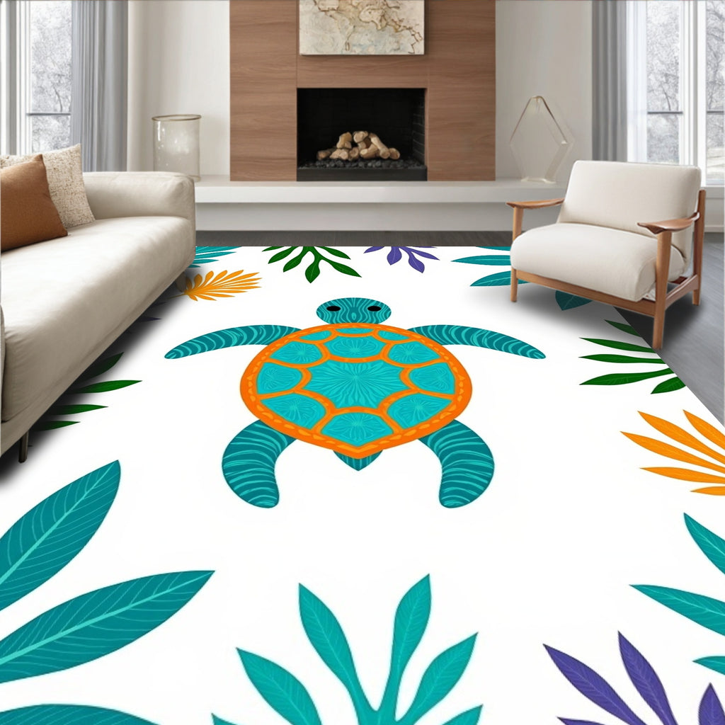 Tropical Sea Turtle Aqua Orange Foliage Rug