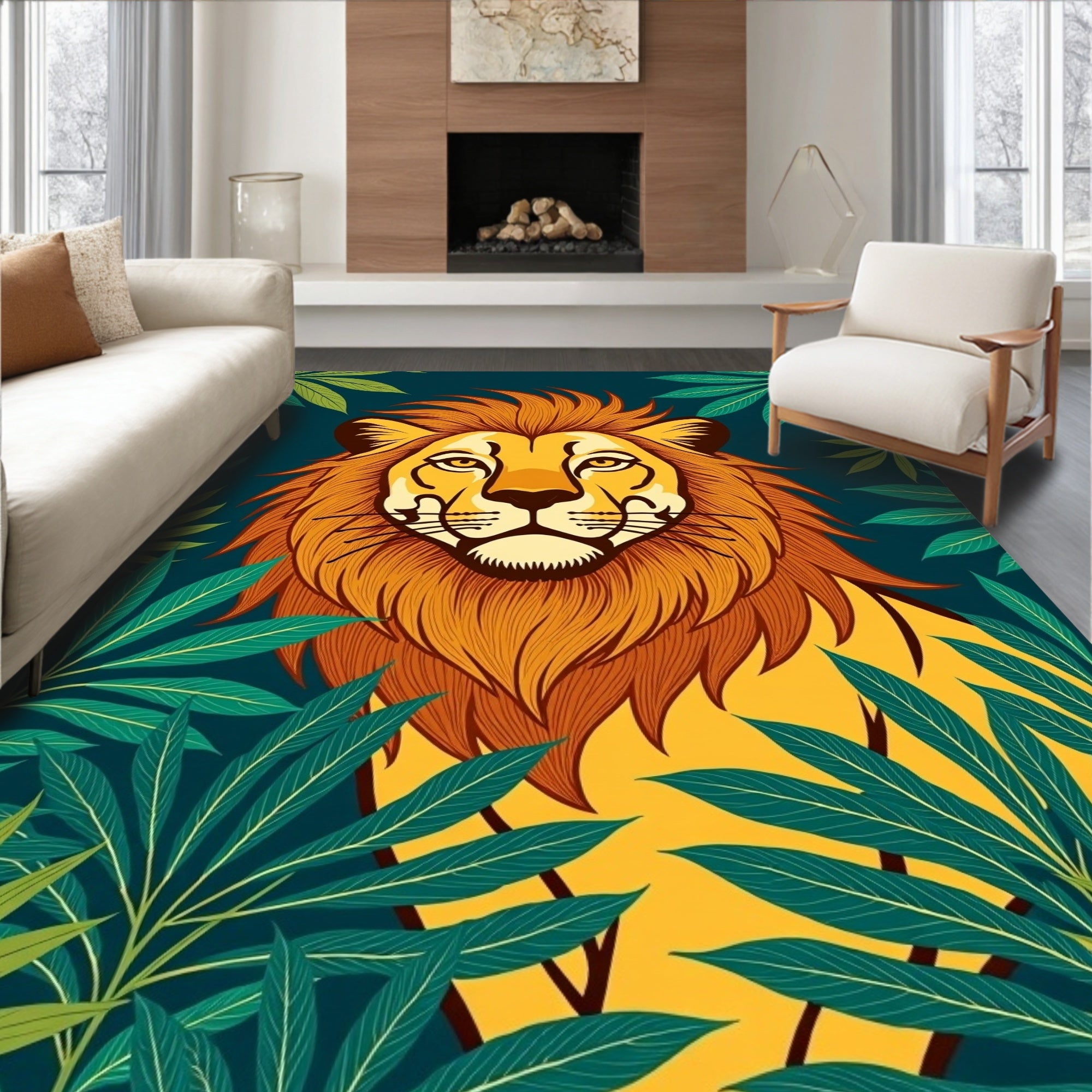 Lush Emerald Jungle Lion Portrait Rug