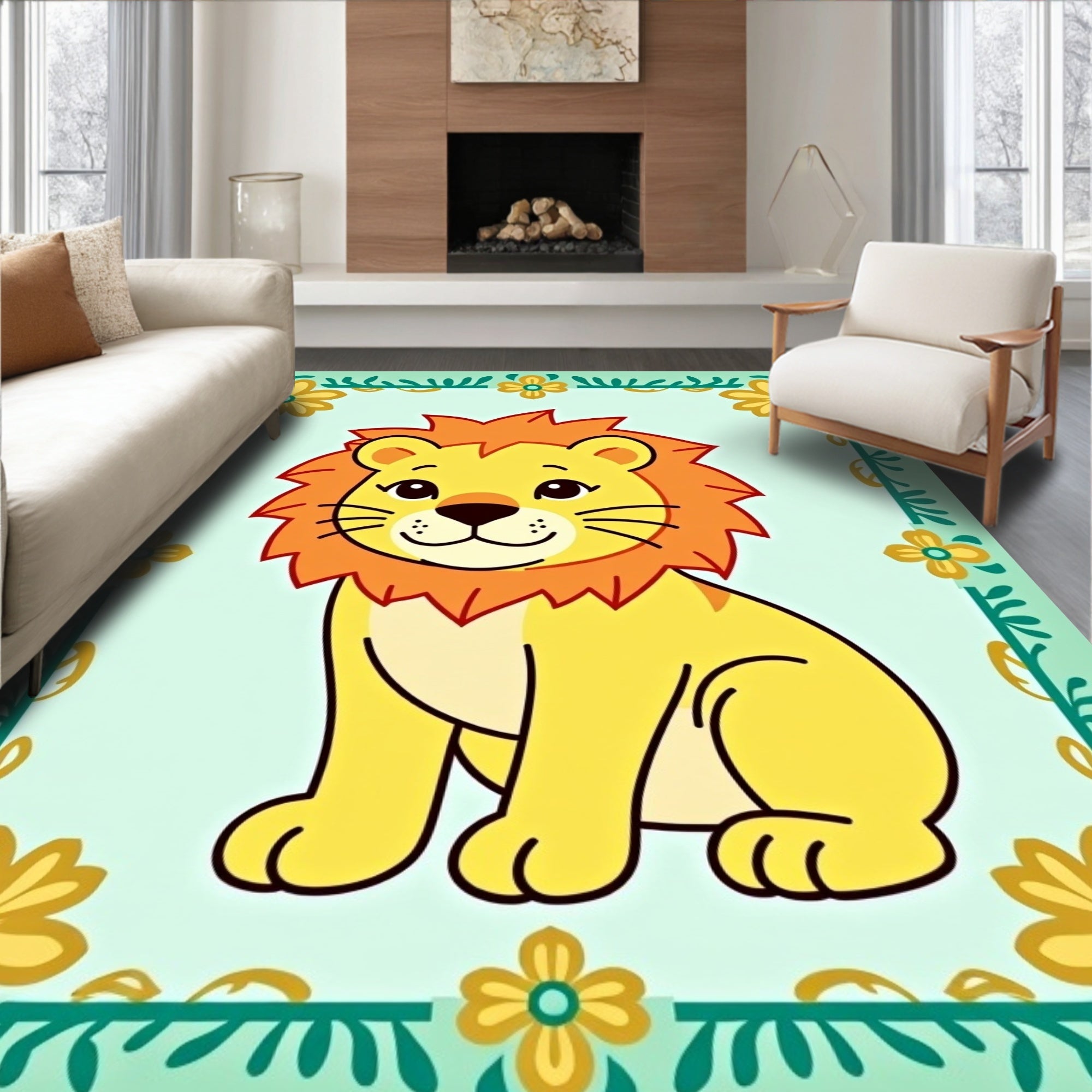 Cute Yellow Lion Floral Frame Rug