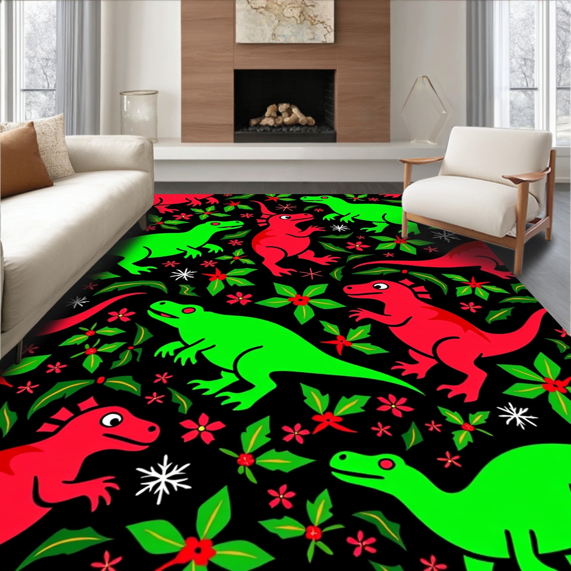 Red Green Dinosaur Poinsettia Holiday Rug