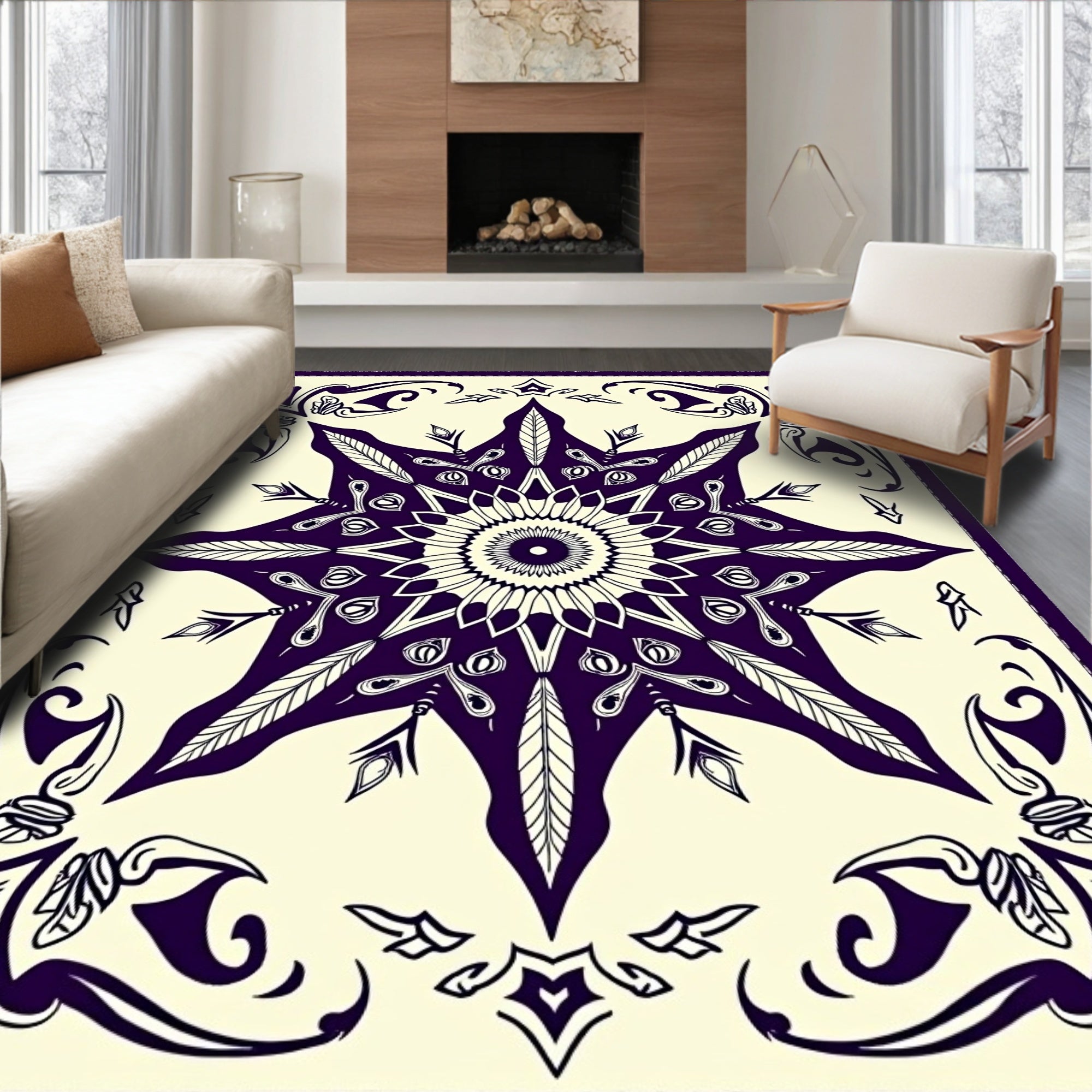 Deep Plum Starburst Mandala Art Rug