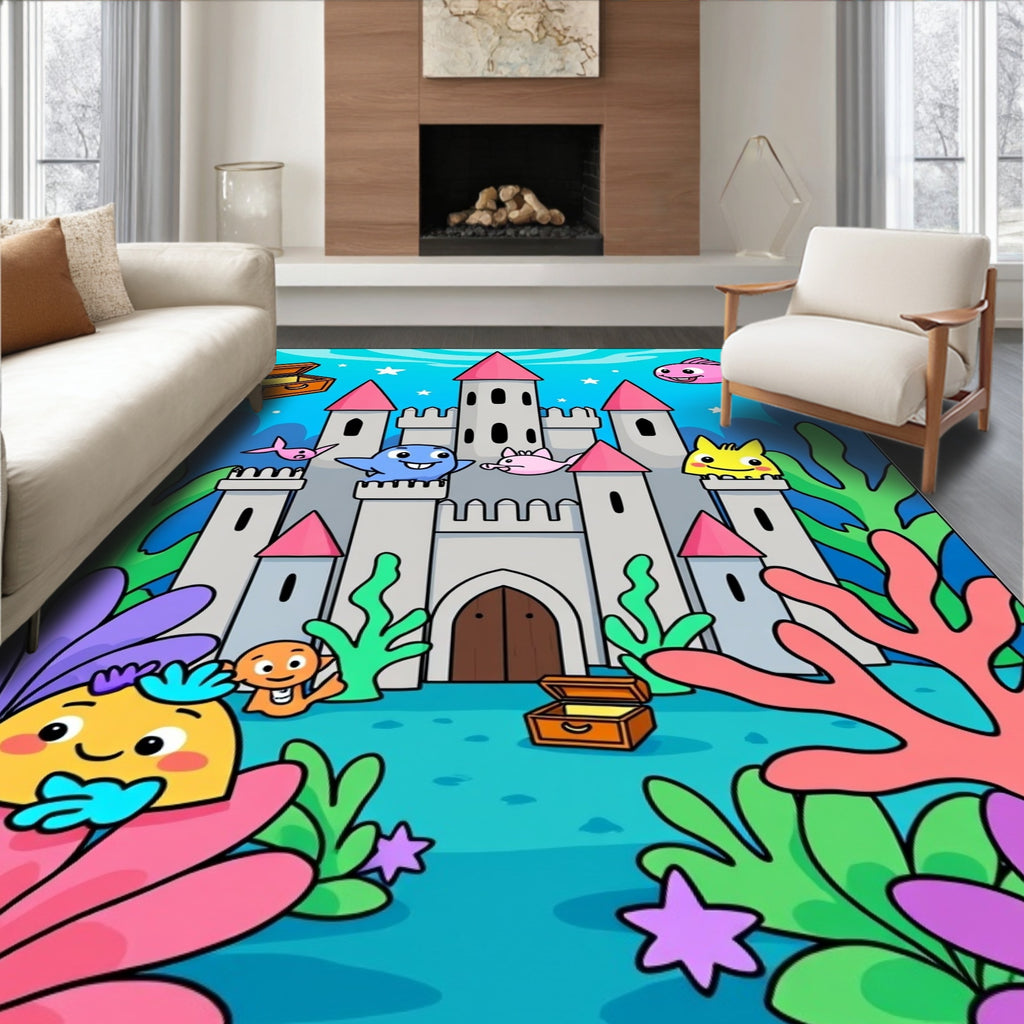 Underwater Castle With Whimsical Sea Creatures Rug