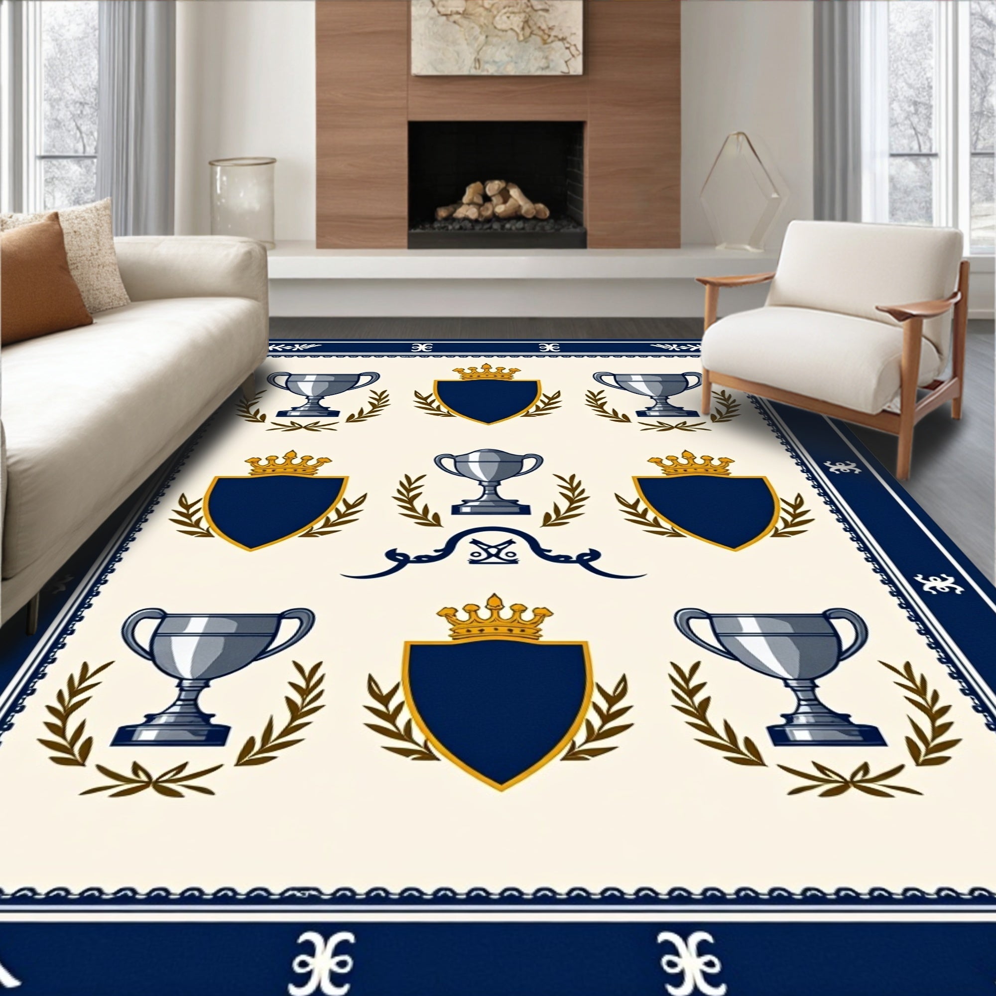 Navy Blue Crest Laurel Trophies Rug