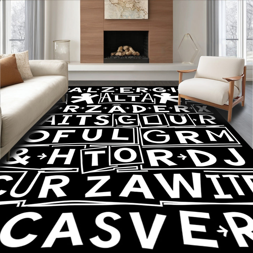 Black White Bold Typographic Figures Abstract Rug