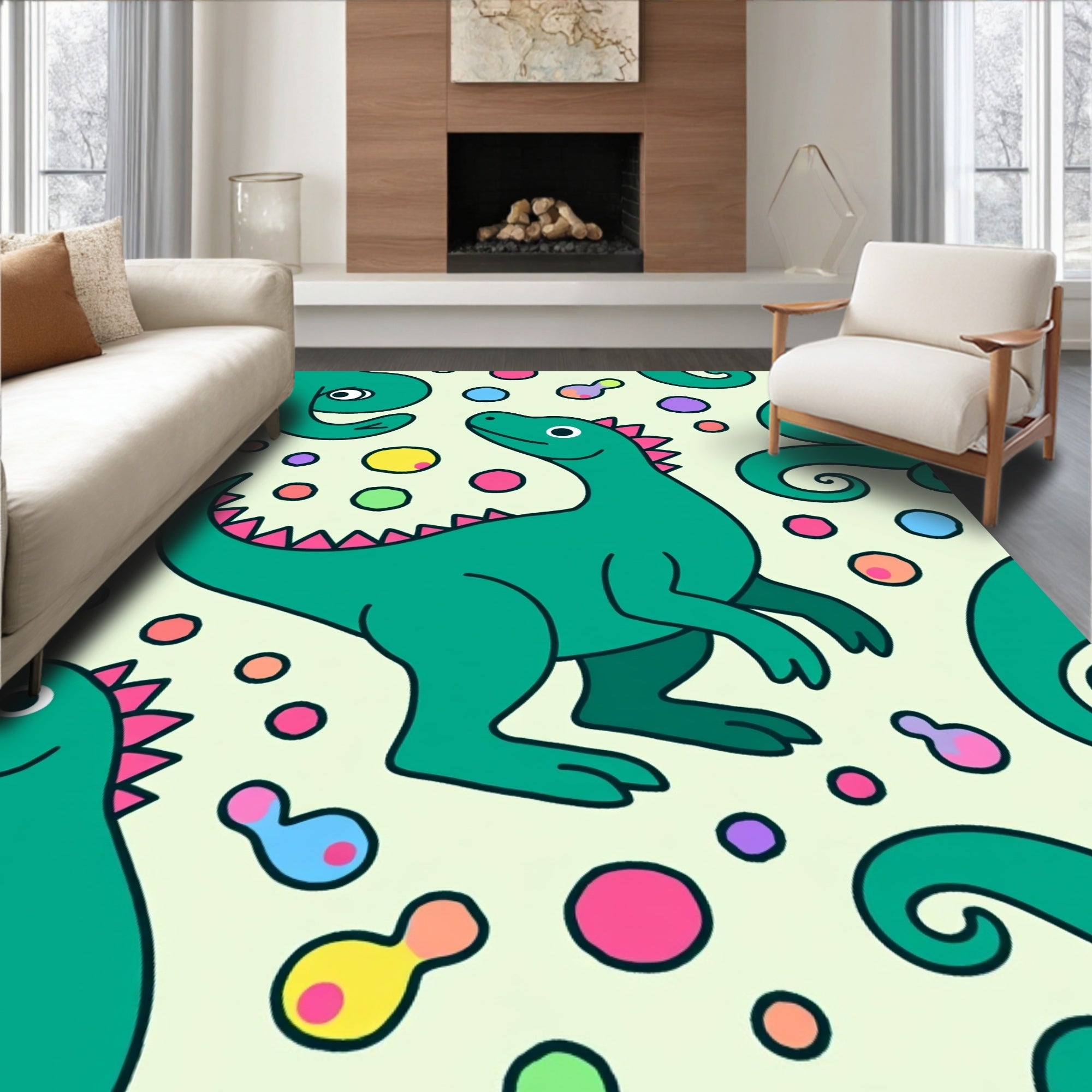 Whimsical Green Dinosaur Confetti Playground Rug