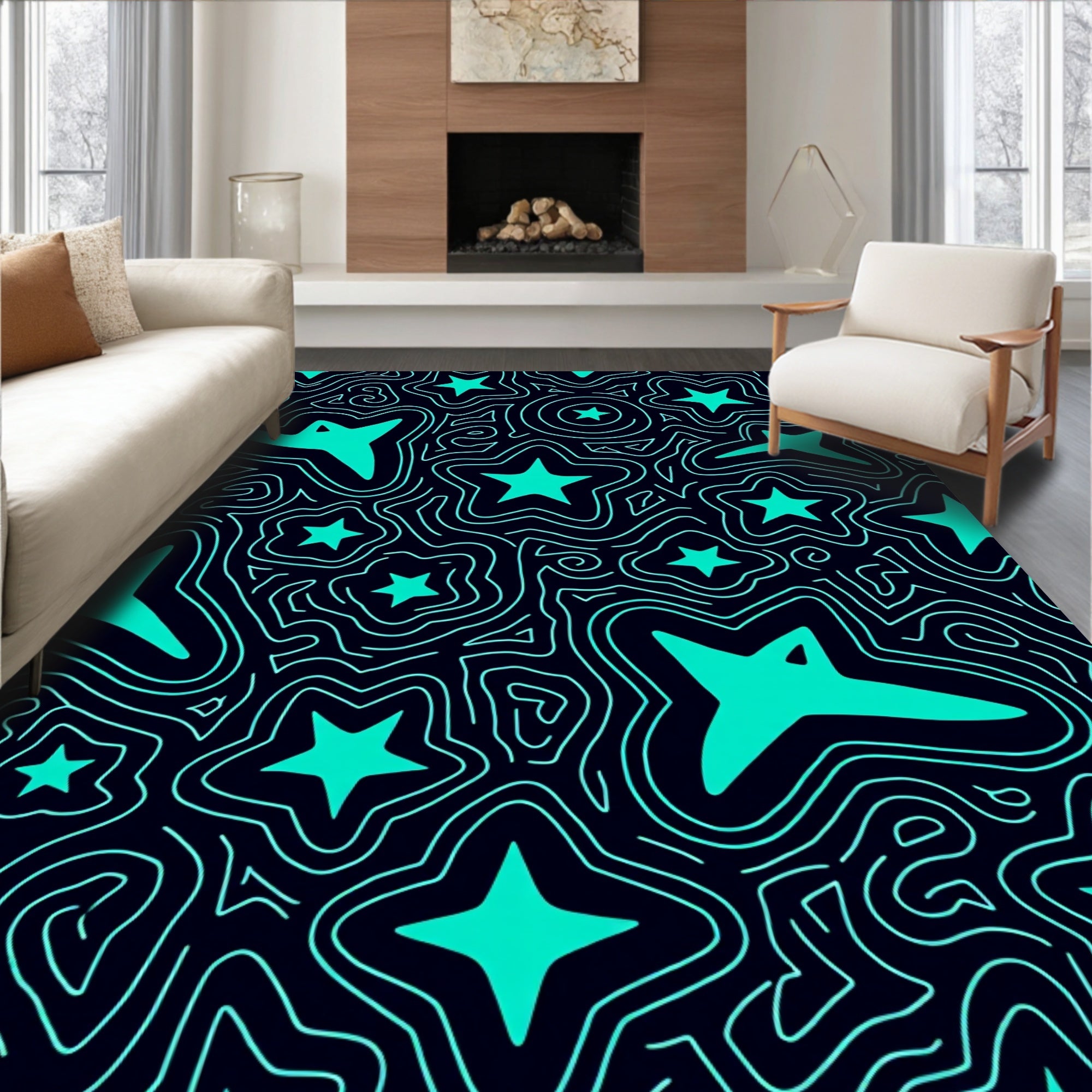 Bright Teal Star Swirls Rug