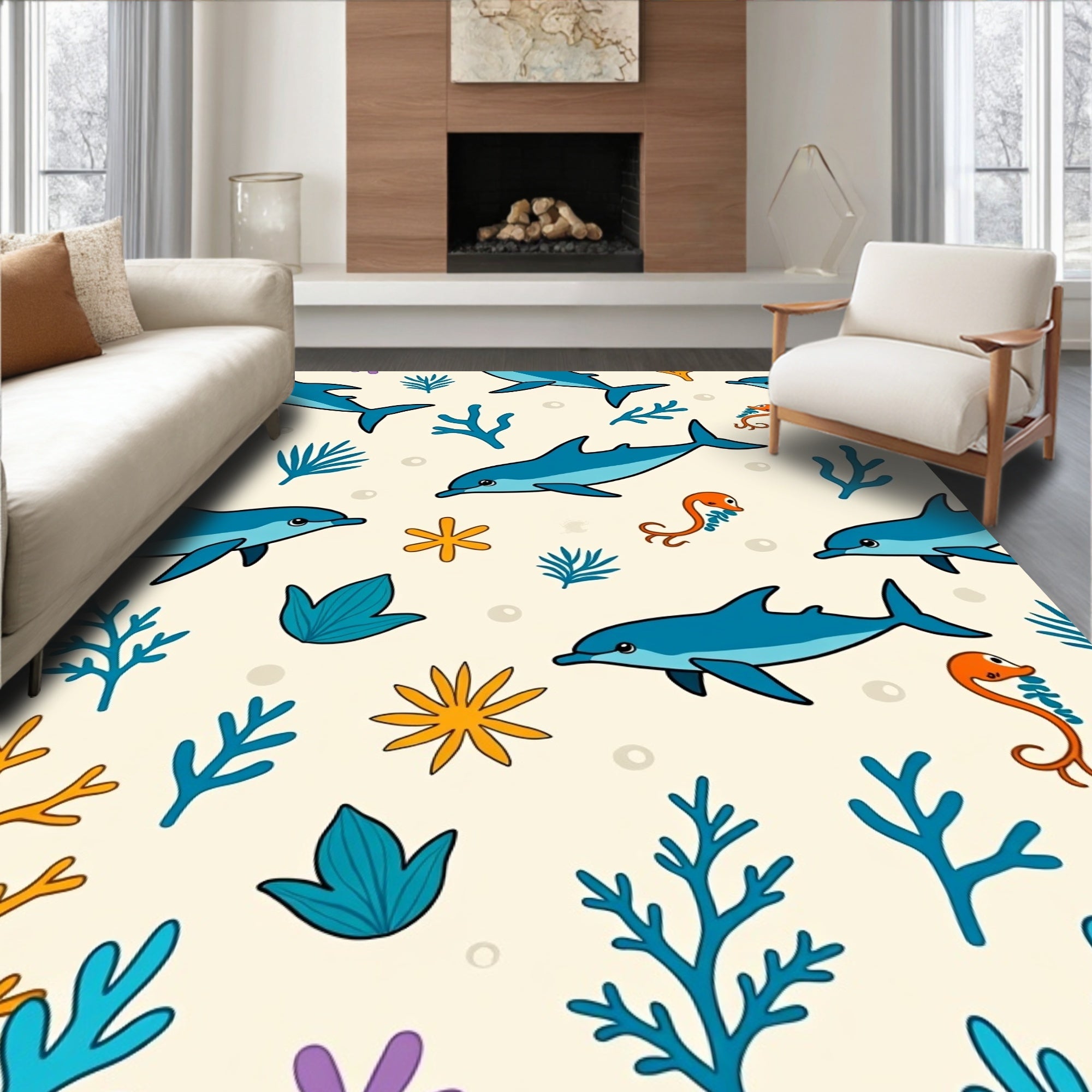Playful Blue Dolphin Coral Scene Rug