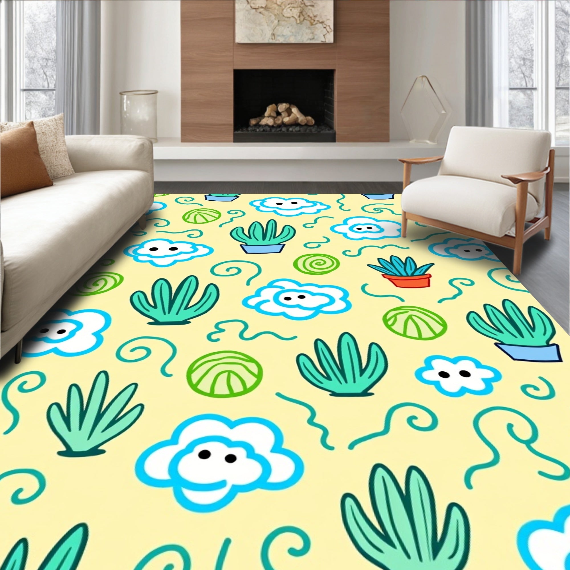 Playful Potted Plants and Clouds Rug