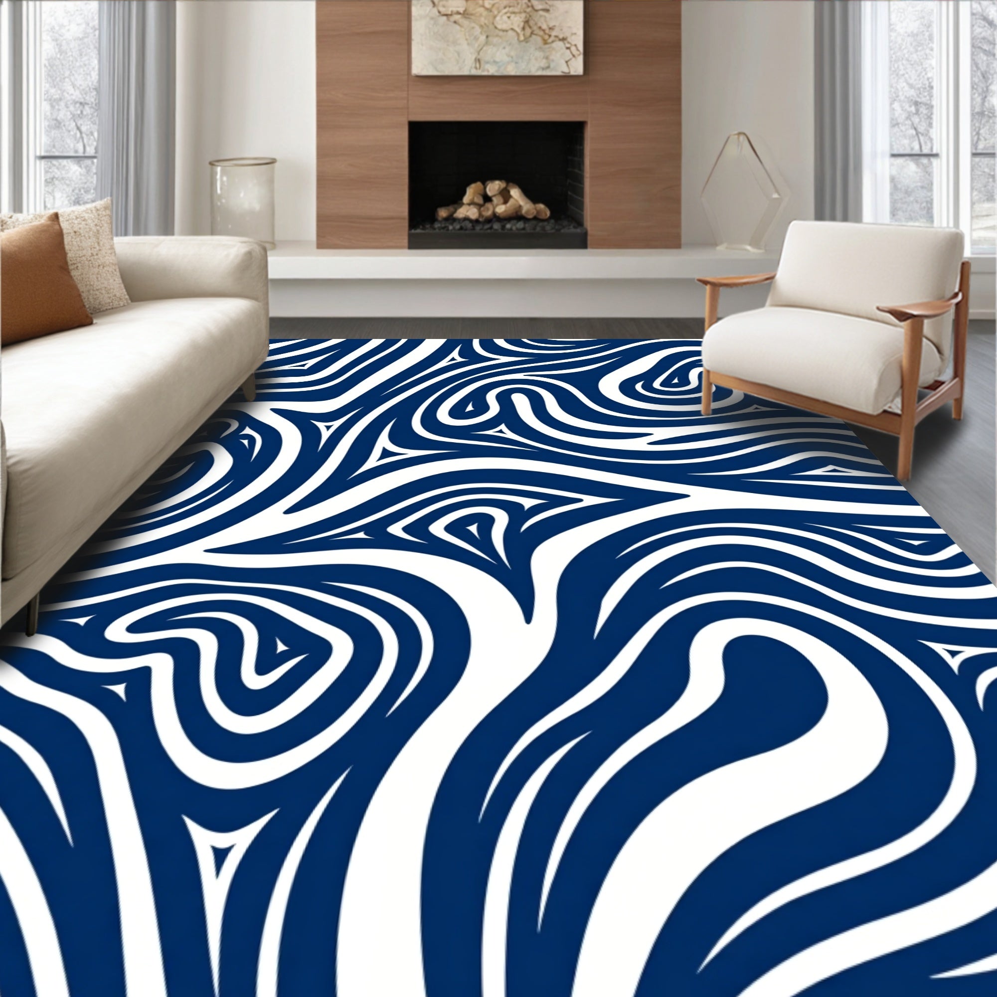 Deep Blue Abstract Swirl Rug