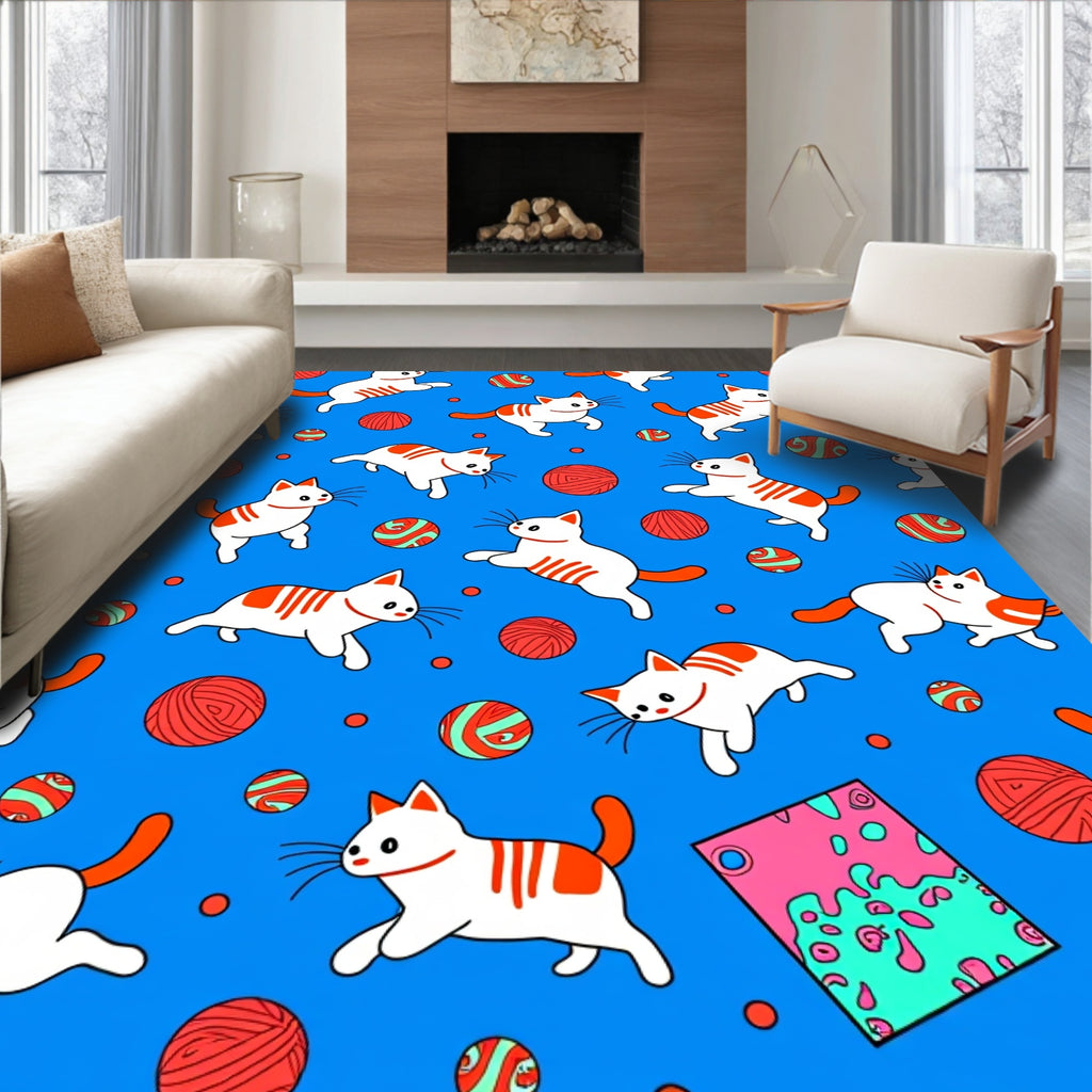 Cute White Cats Playful Orange Balls Rug