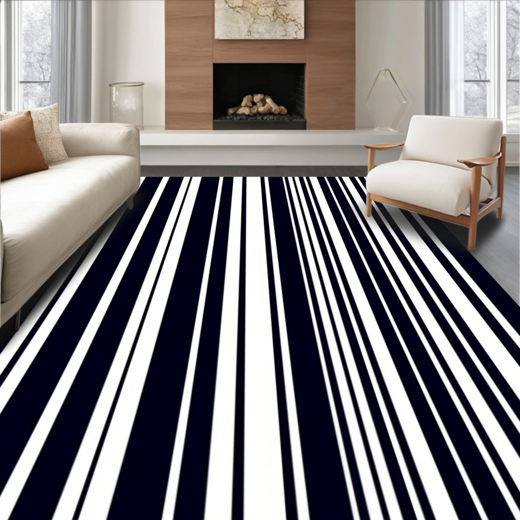 Dark Navy White Vertical Stripe Rug
