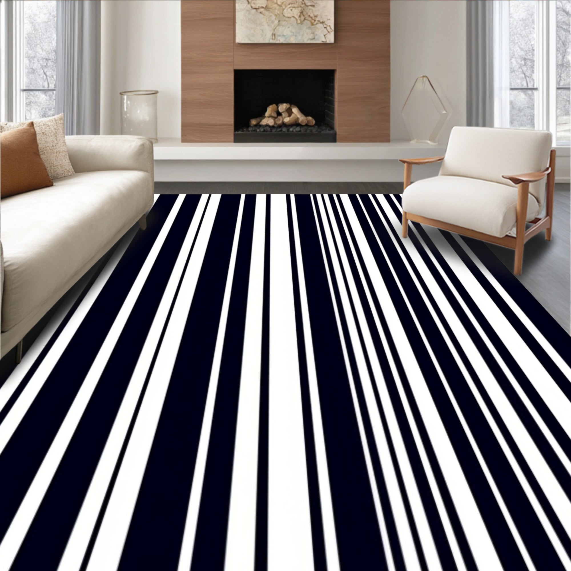 Dark Navy White Vertical Stripe Rug