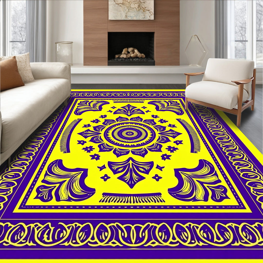 Vibrant Yellow Purple Floral Medallion Rug