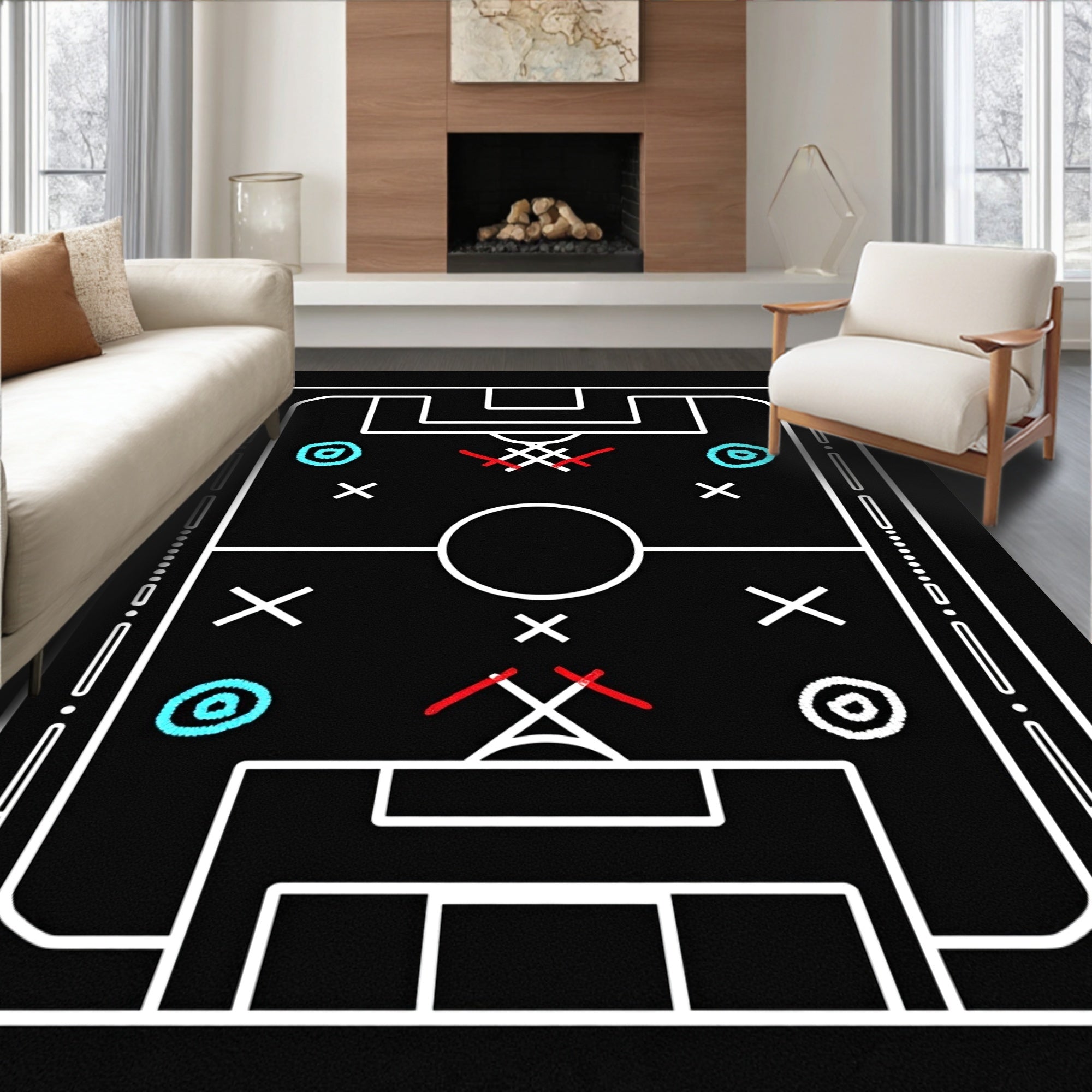 Black Soccer Strategy Board Rug