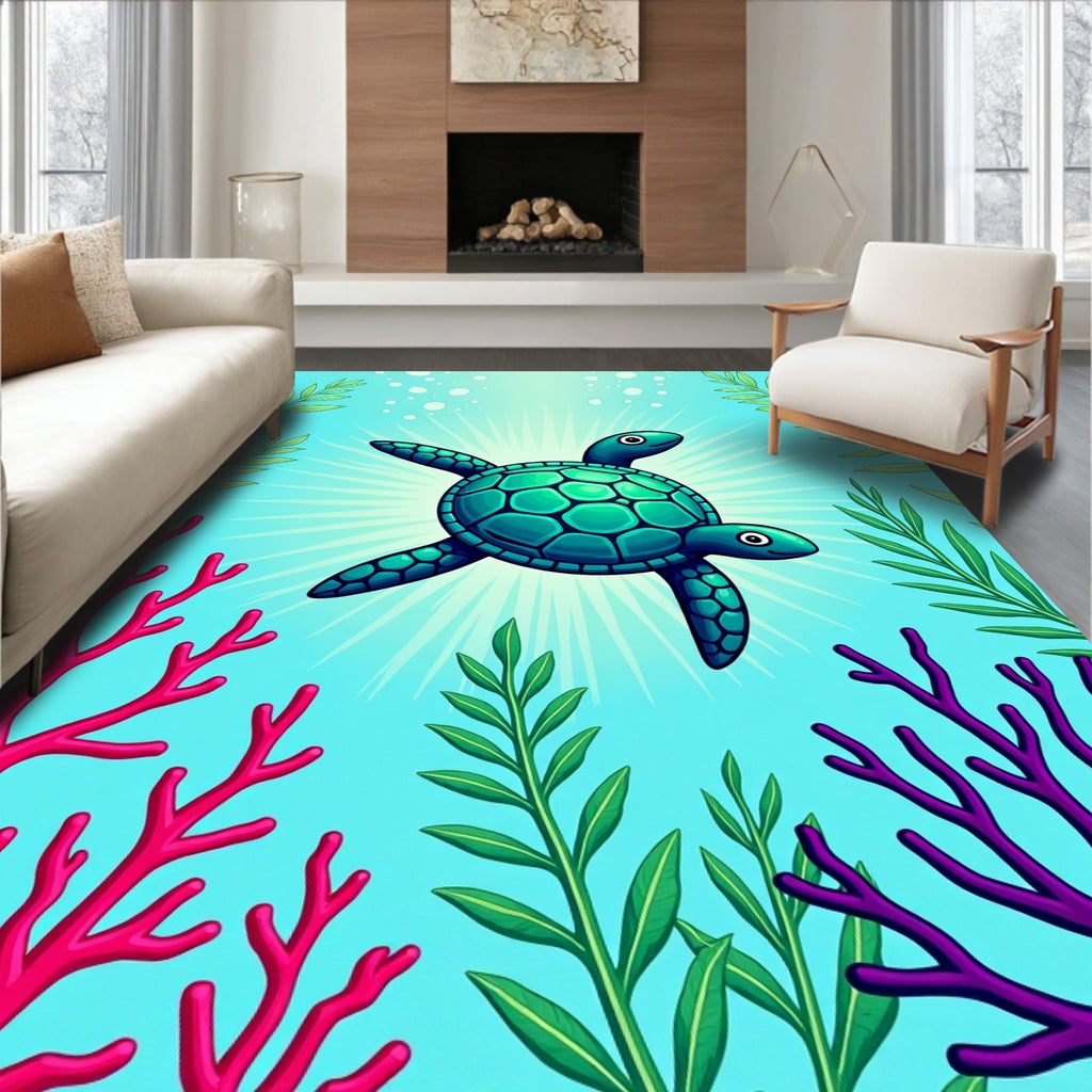 Turquoise Two Headed Turtle Coral Garden Rug