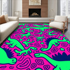 Vibrant Neon Dinosaur Jungle Playful Rug