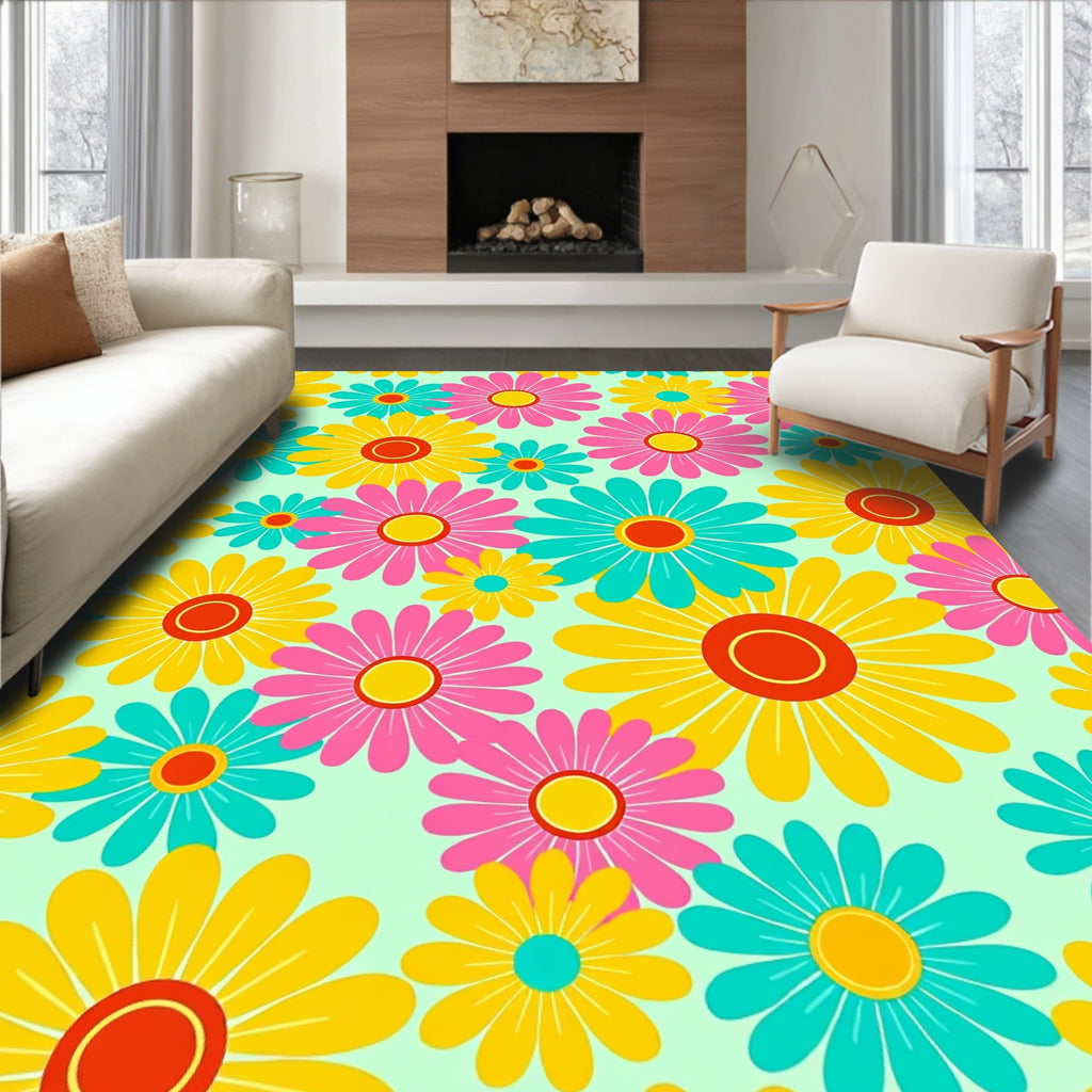 Retro Floral Explosion in Yellow Pink Teal Rug