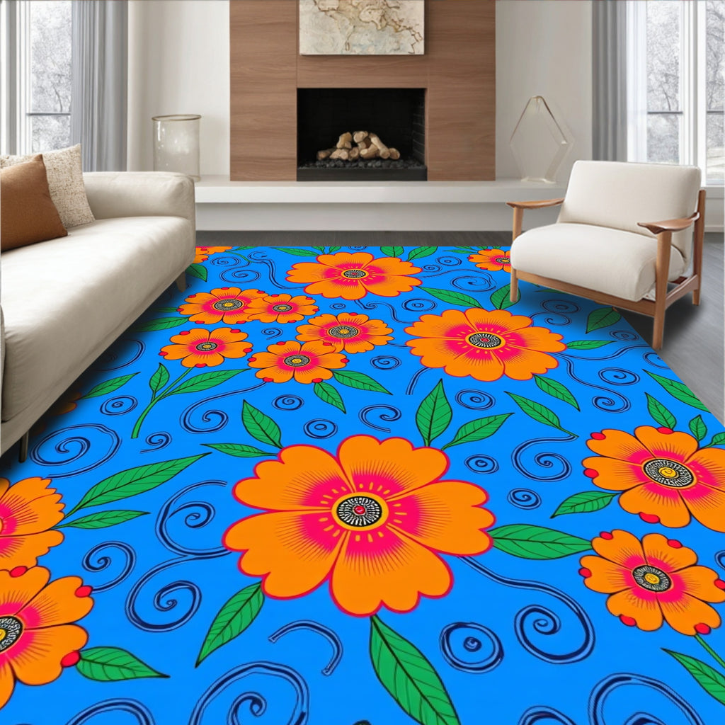 Vibrant Orange Floral Swirl Blue Rug