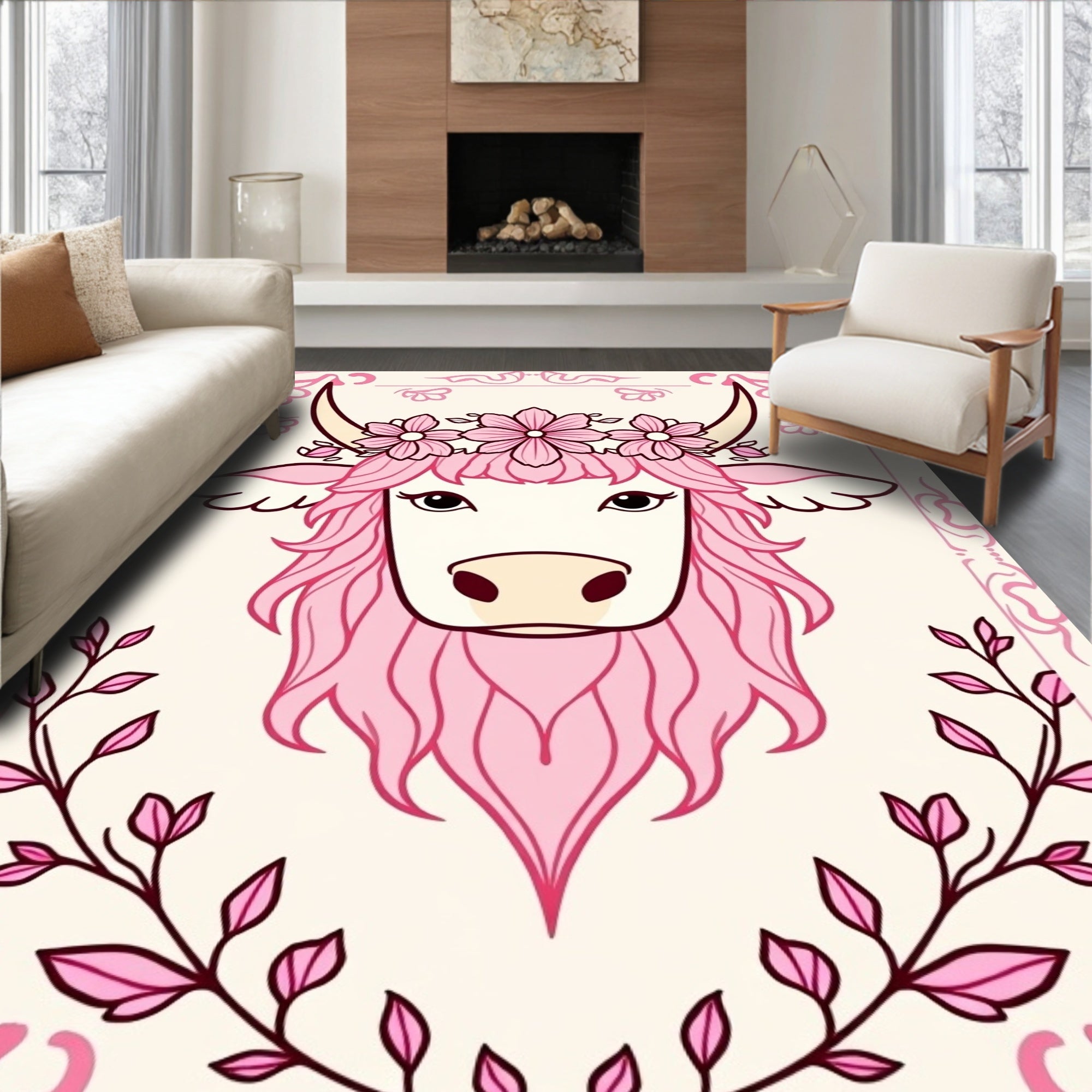 Pink Floral Unicorn Portrait Rug