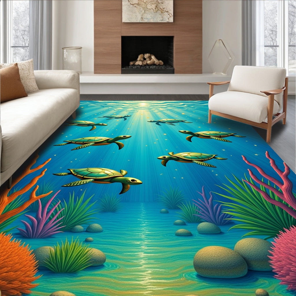 Oceanic Turtle Sunbeam Coral Gathering Rug