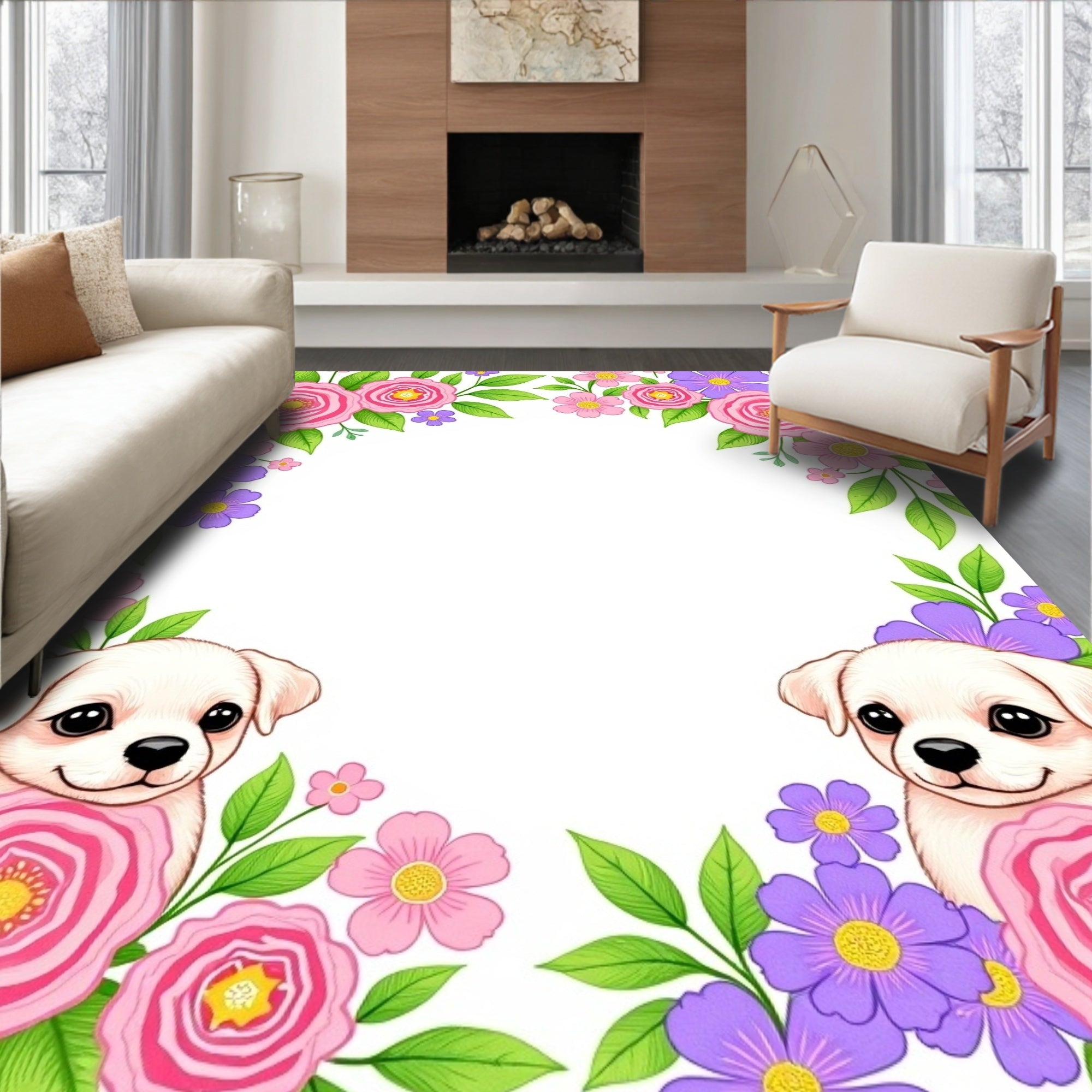 Whimsical Puppy Floral Pink Purple Rug