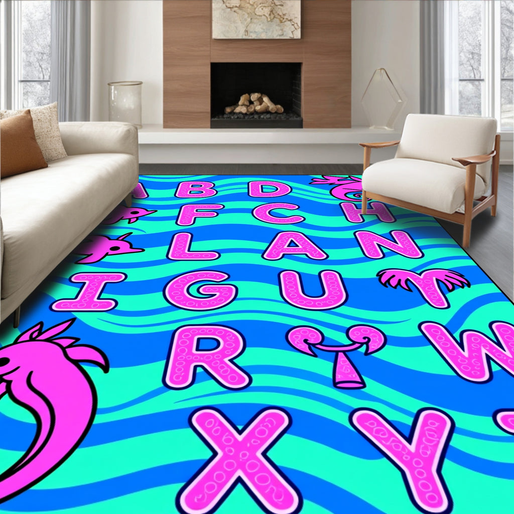 Pink Dolphins Waves Alphabet Rug