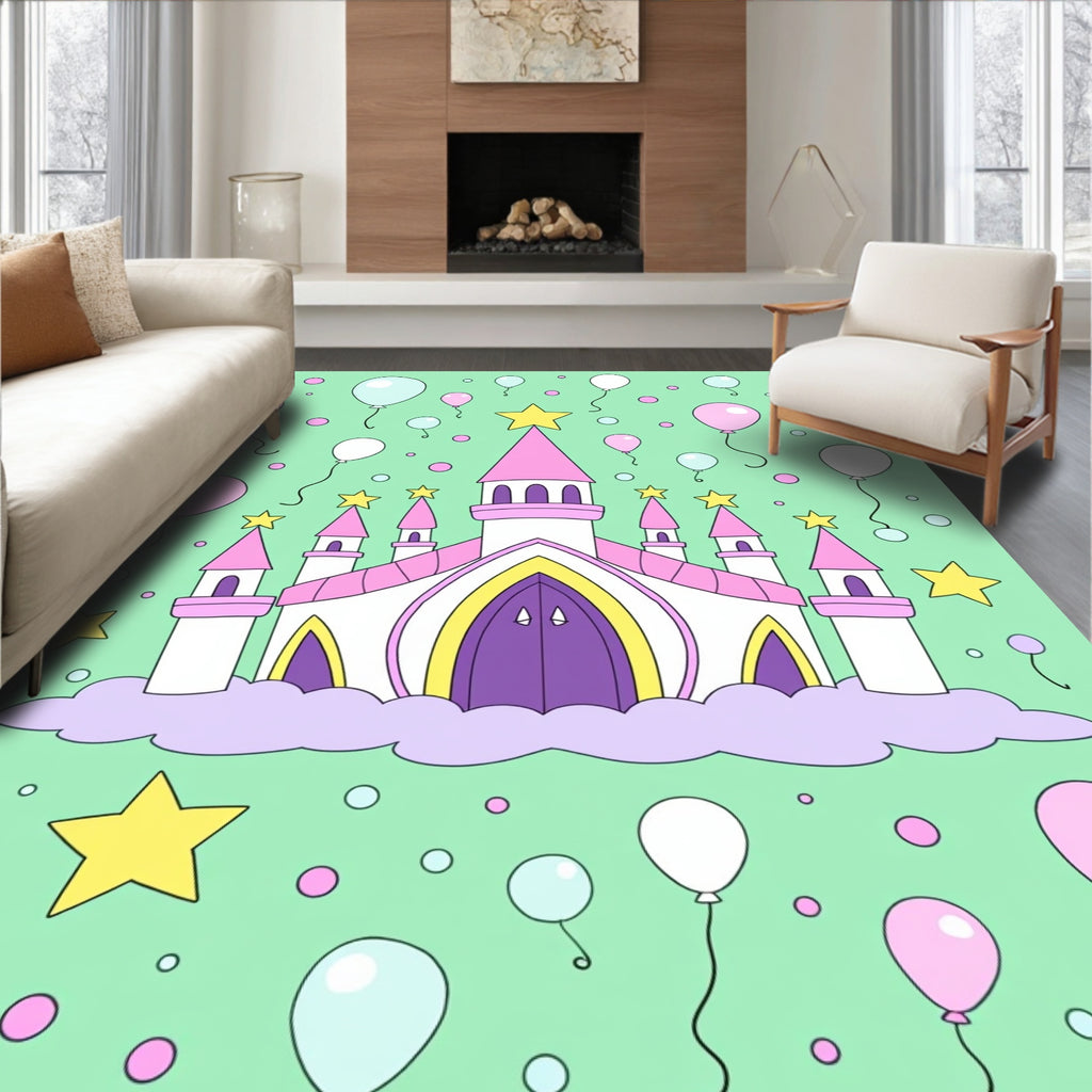 Pink Castle and Yellow Star Balloons Rug