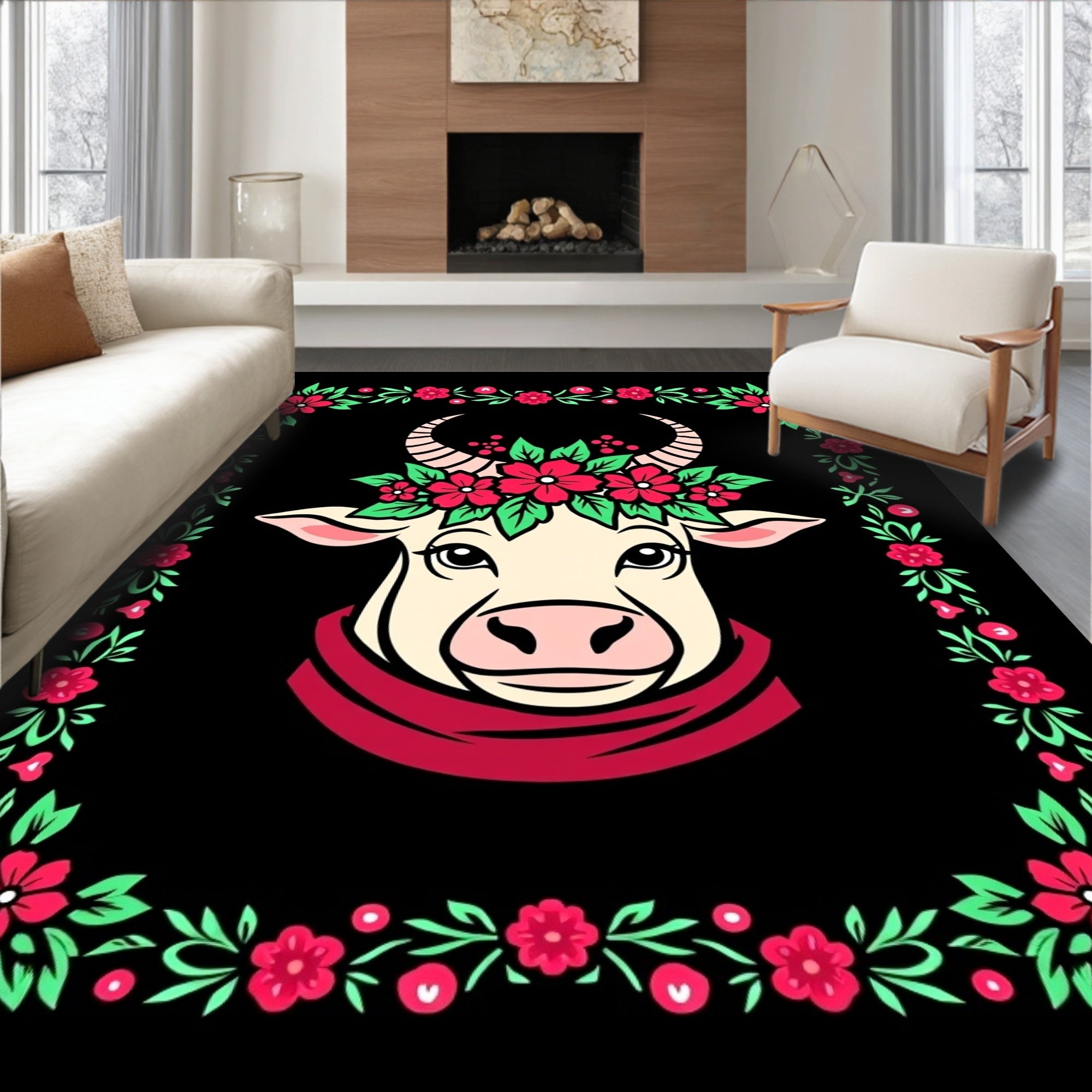 Cream Cow Floral Garland Border Rug