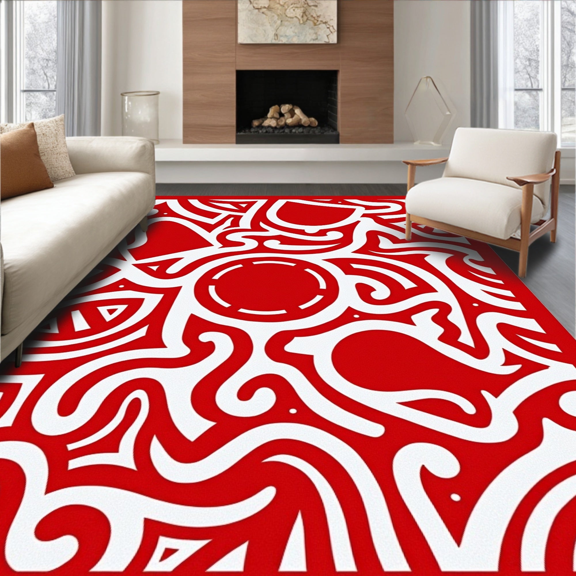 Bold Red White Abstract Organic Flow Rug