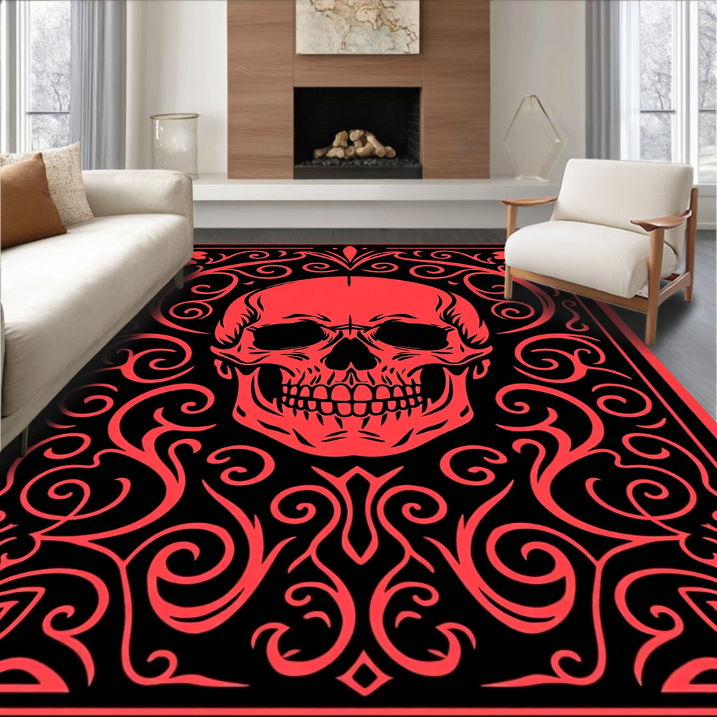 Crimson Skull Floral Border Rug