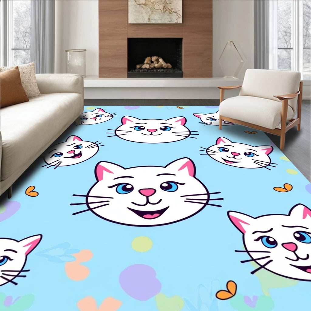 Whimsical White Cat Faces Blue Background Rug
