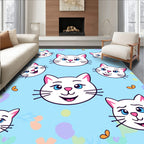 Whimsical White Cat Faces Blue Background Rug