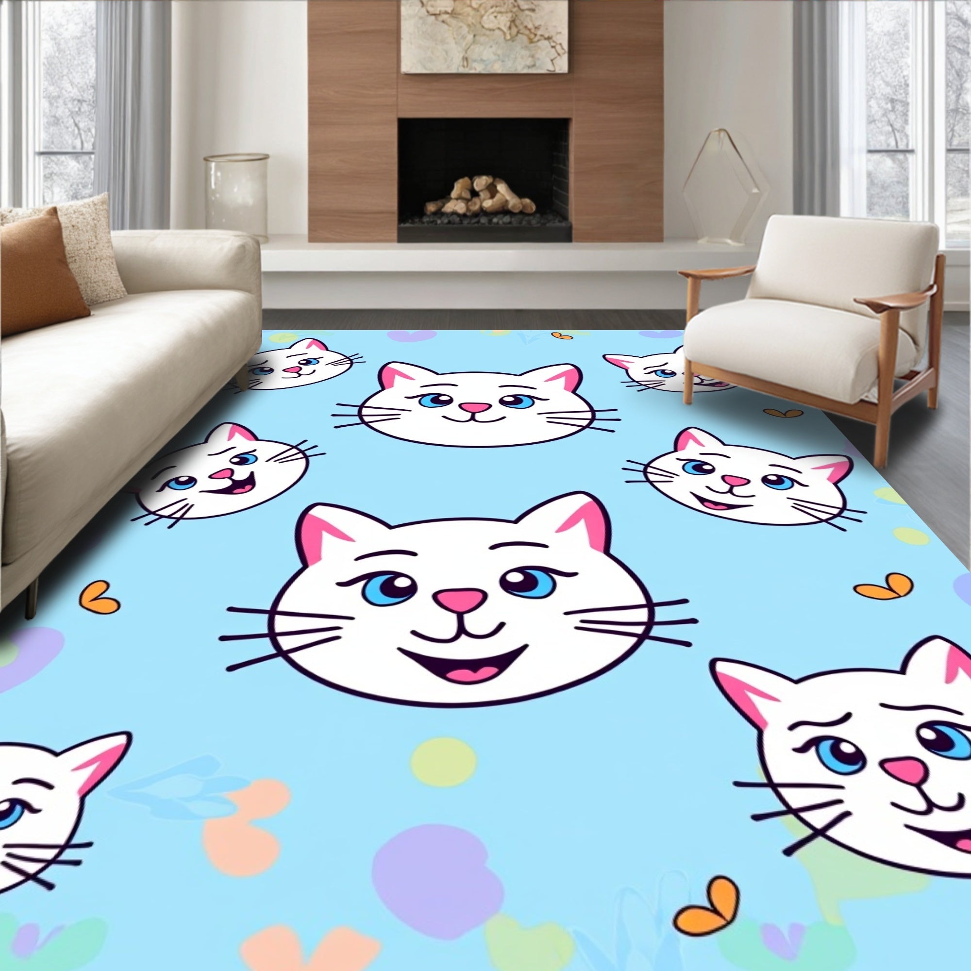 Whimsical White Cat Faces Blue Background Rug