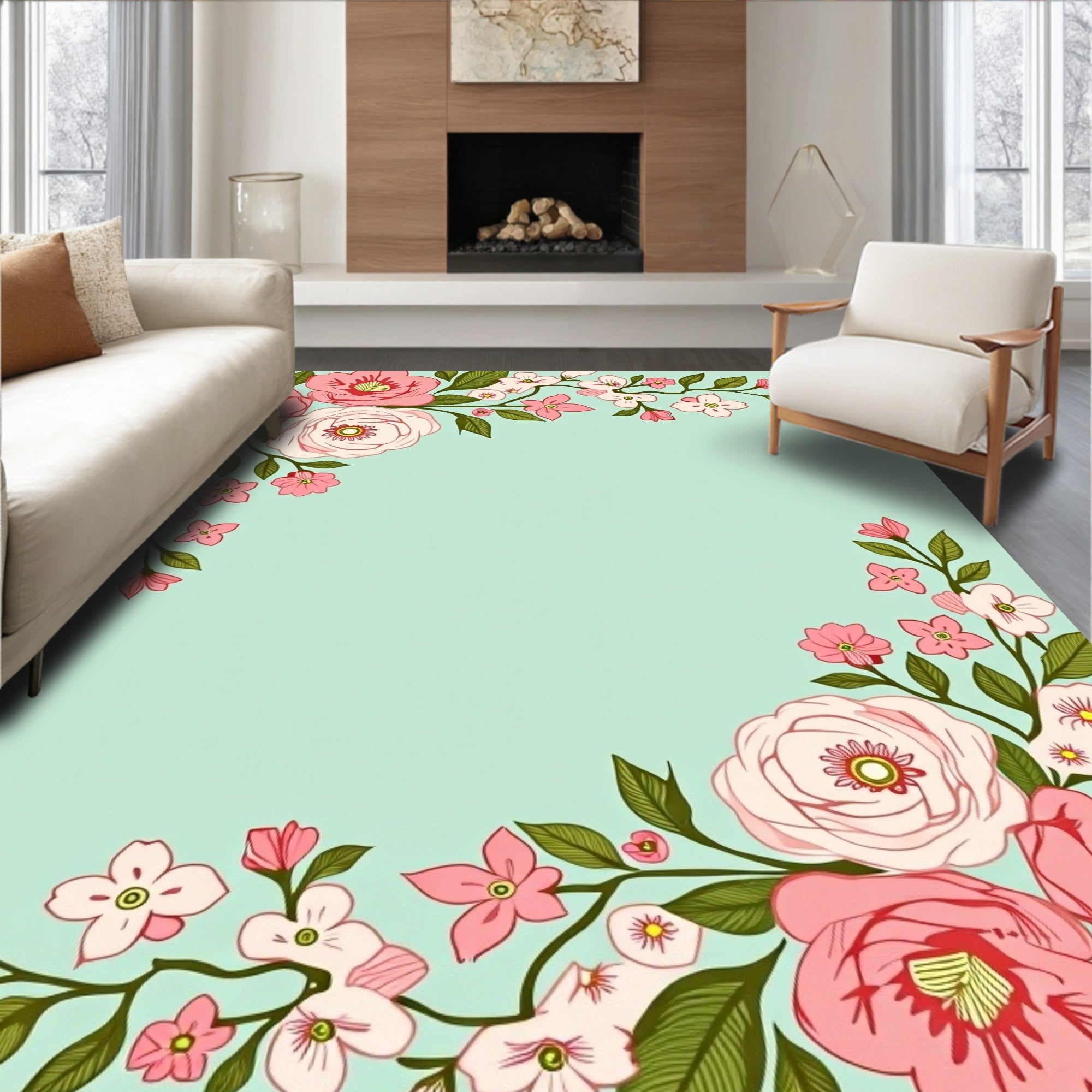 Pink Garden Floral Branches Rug
