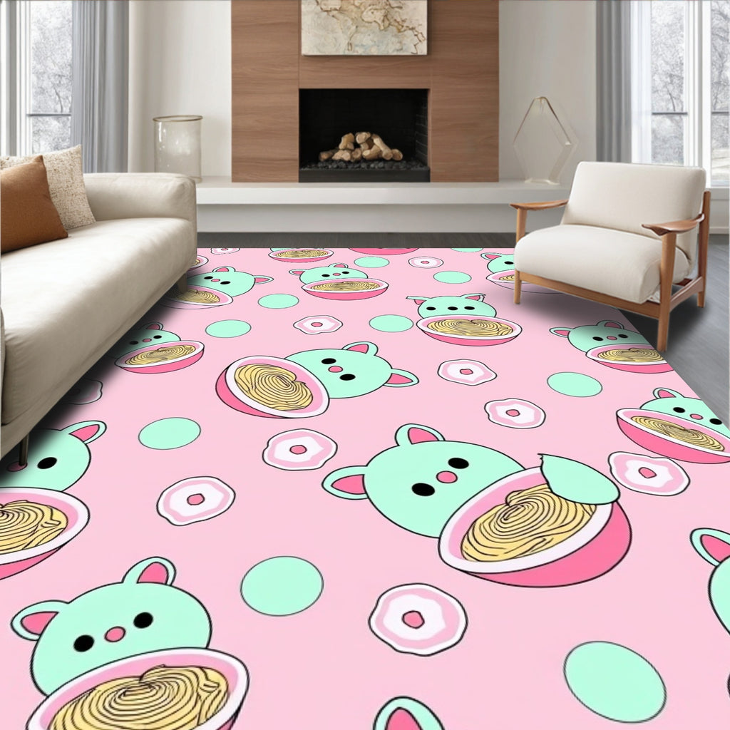 Kawaii Mint Bear Ramen Pink Circles Rug