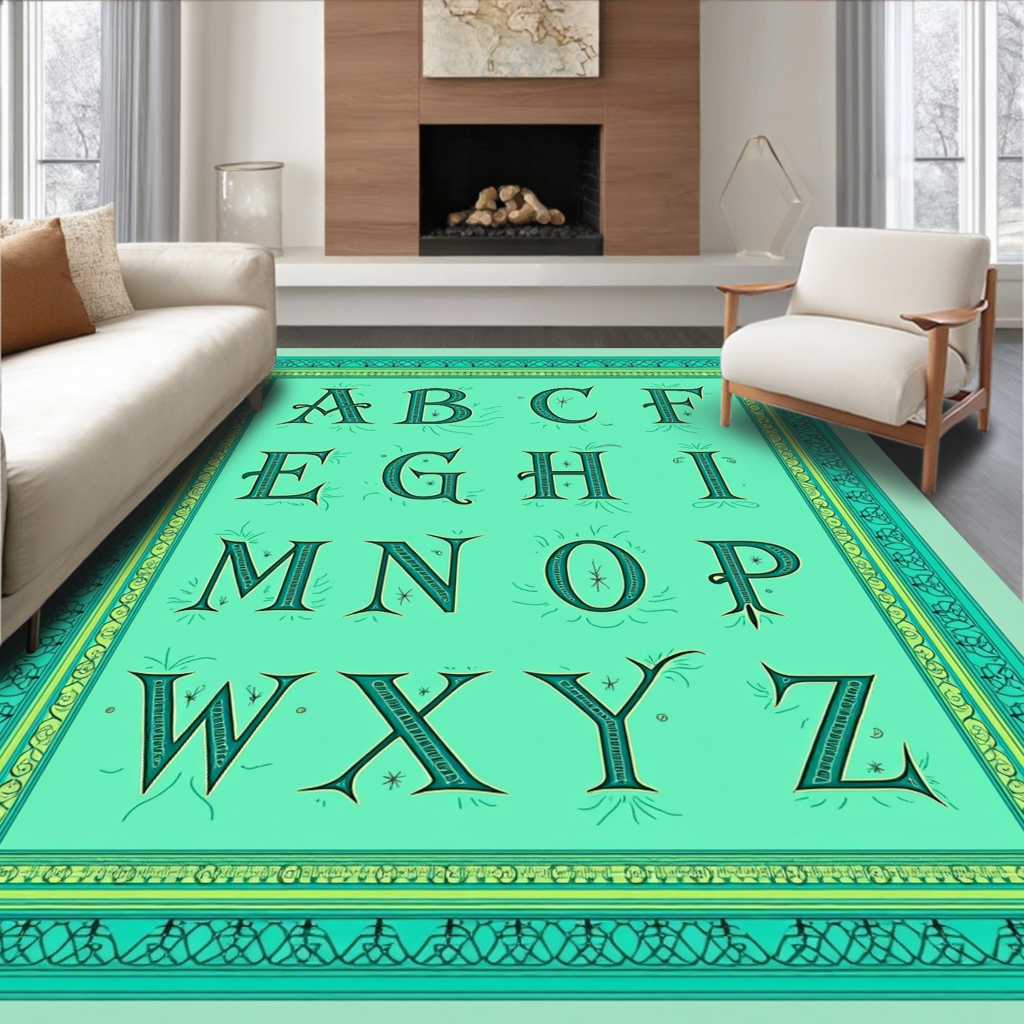 Mint Green Vintage Alphabet Poster Rug